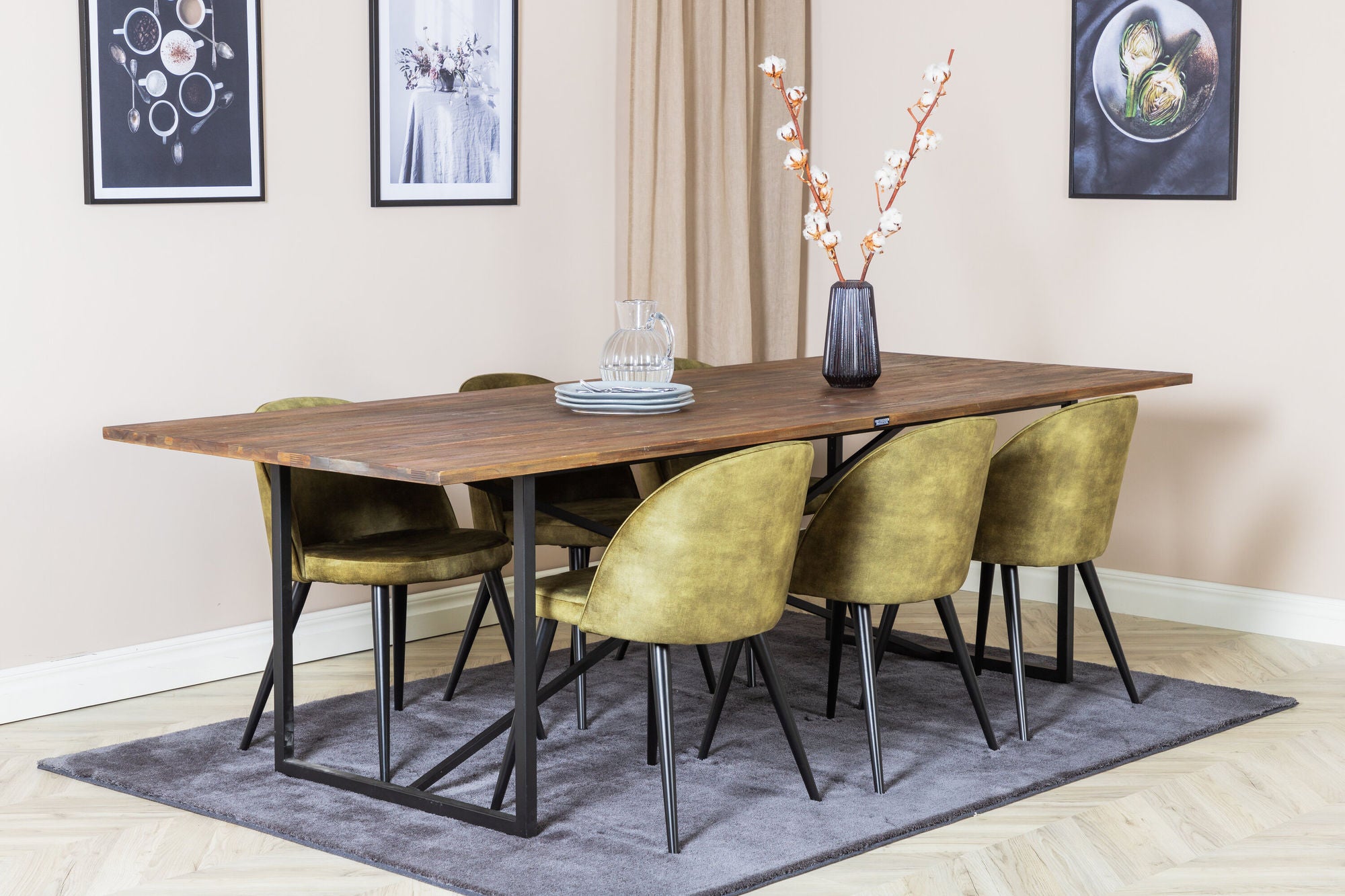 Venture Home Padang spisebord - 250*100*H76 - Dark Teak / Black+Velvet Dining Chiar - Black legs - Dusty Green Velvet_6