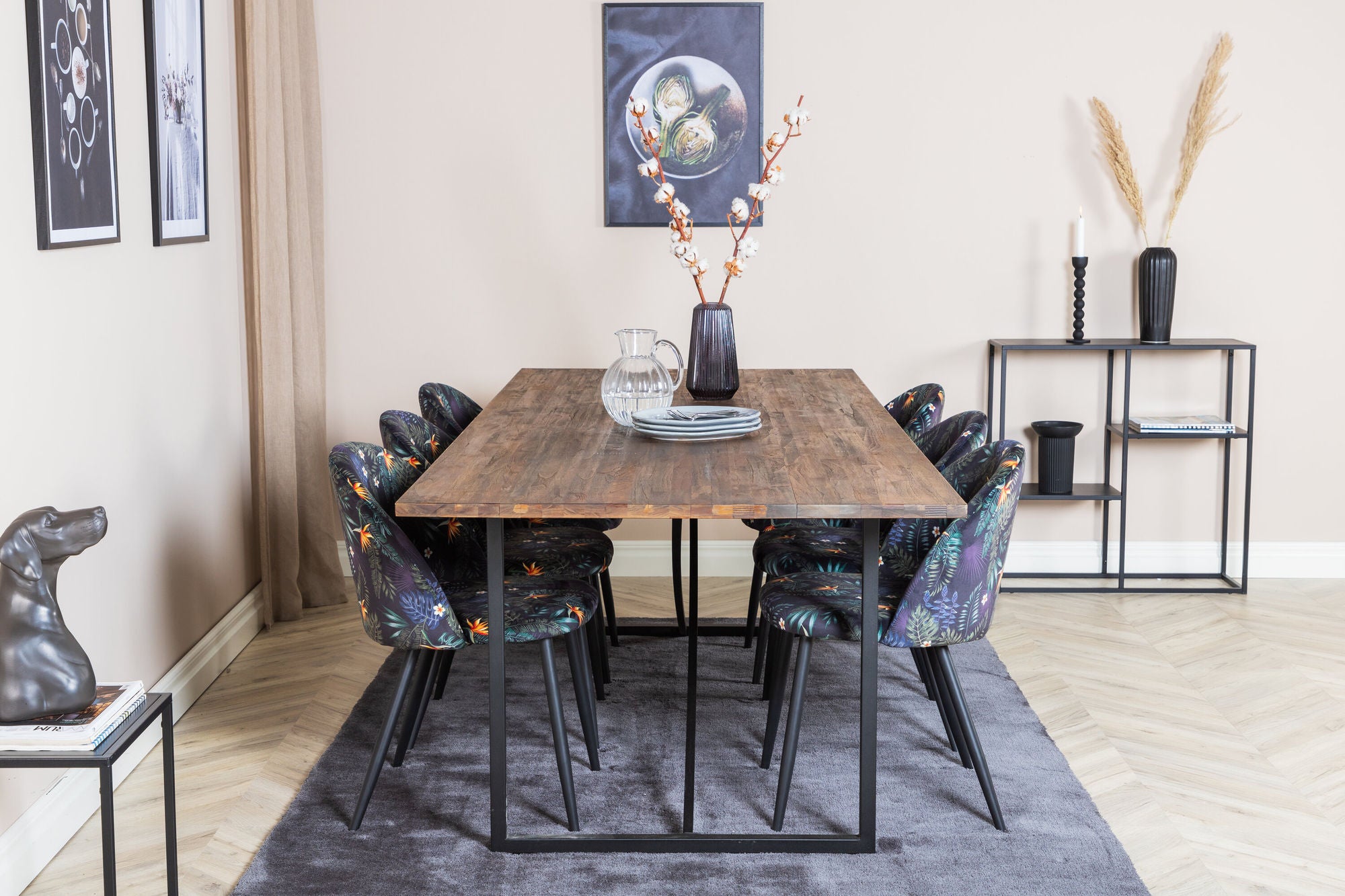 Venture Home Padang spisebord - 250*100*H76 - Dark Teak / Black+Velvet Spisebordsstol - Black Flower fabric_6