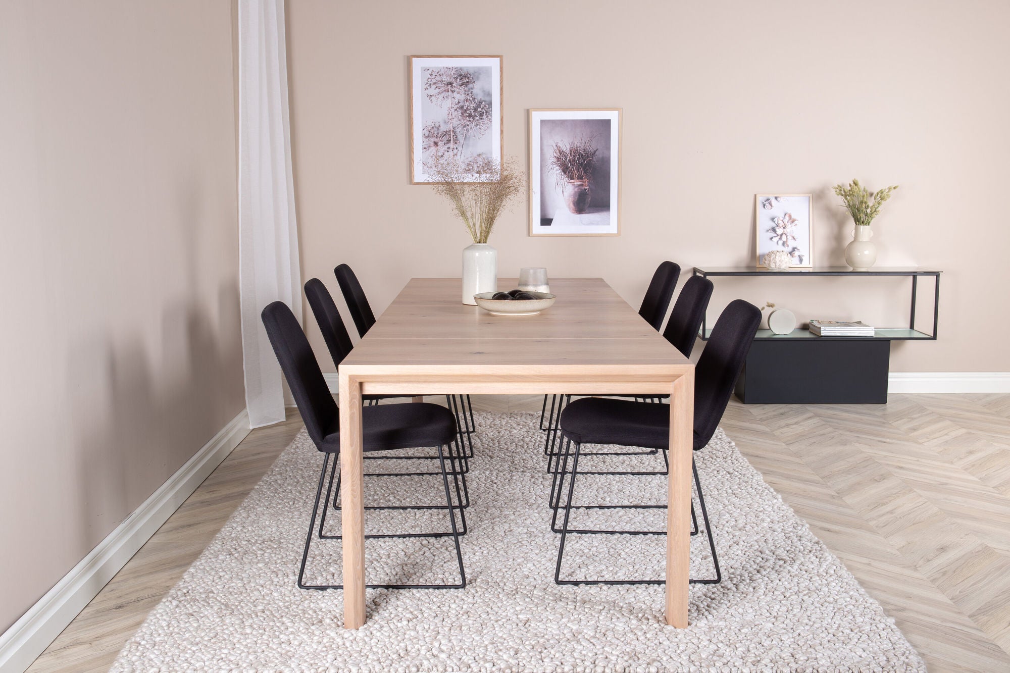 Venture Home Slider Extention bord - White Wash - 170+40+40cm +Muce Spisebordsstol - Black Legs - Black Fabric_6