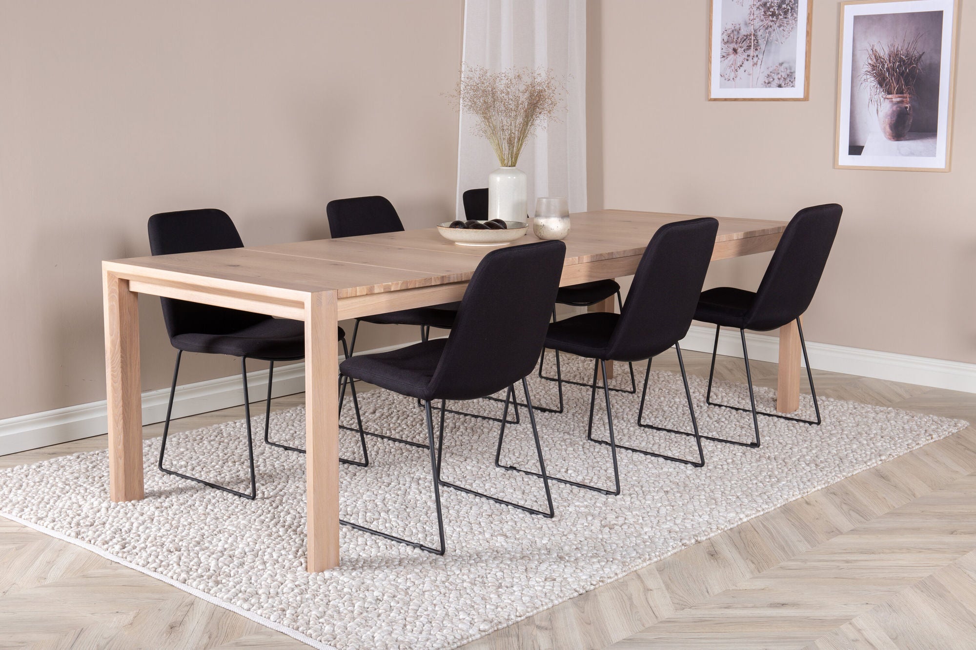 Venture Home Slider Extention bord - White Wash - 170+40+40cm +Muce Spisebordsstol - Black Legs - Black Fabric_6