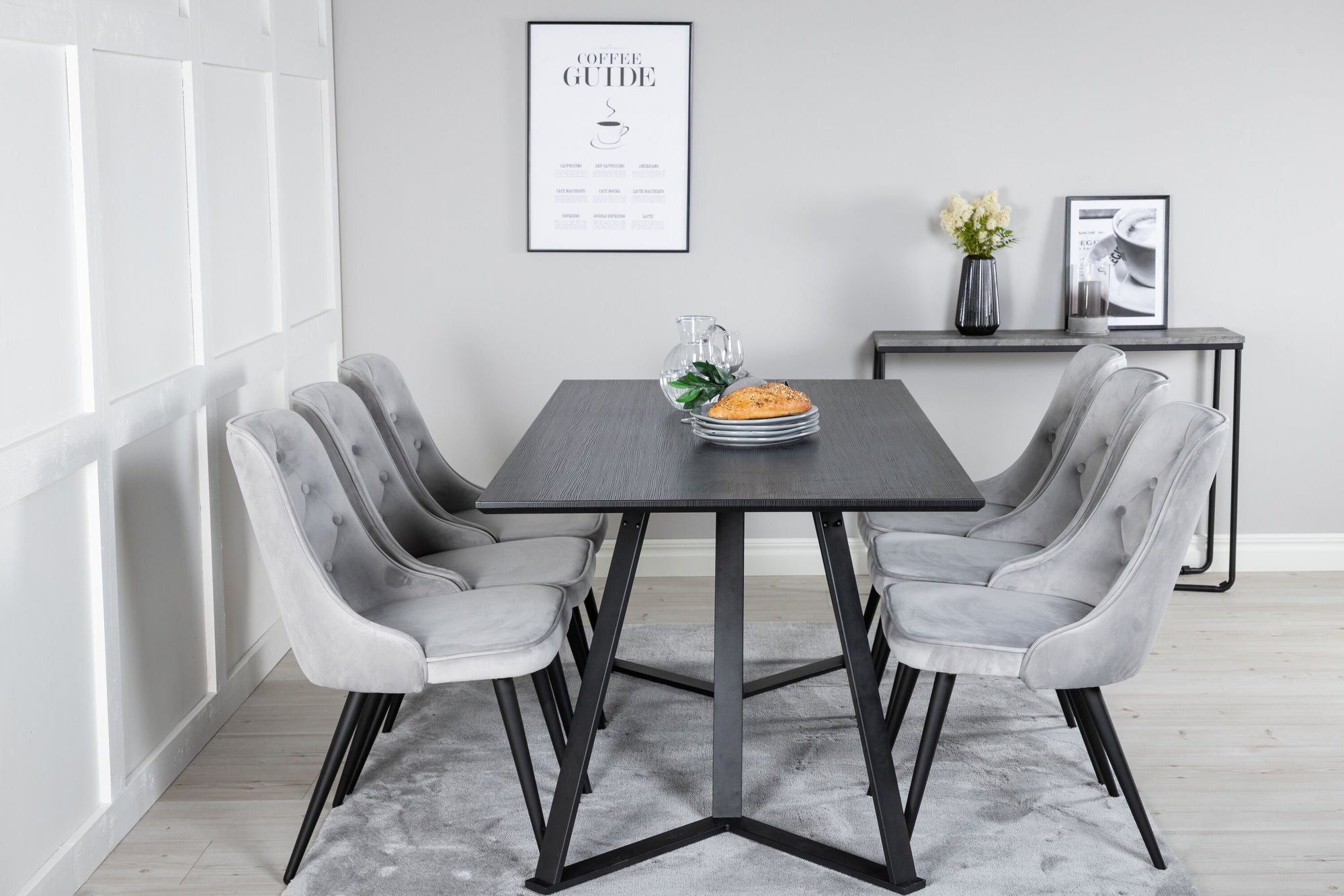 Venture Home Marina spisebord - Black top / Black Legs +Velvet Deluxe Spisebordsstol - Light Grey / Black_6