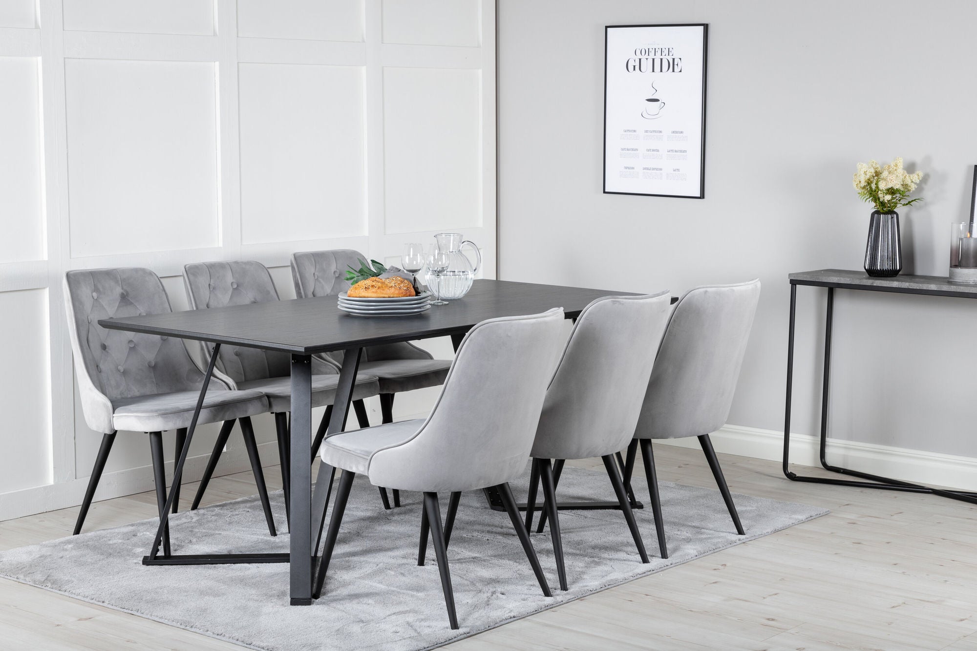 Venture Home Marina spisebord - Black top / Black Legs +Velvet Deluxe Spisebordsstol - Light Grey / Black_6