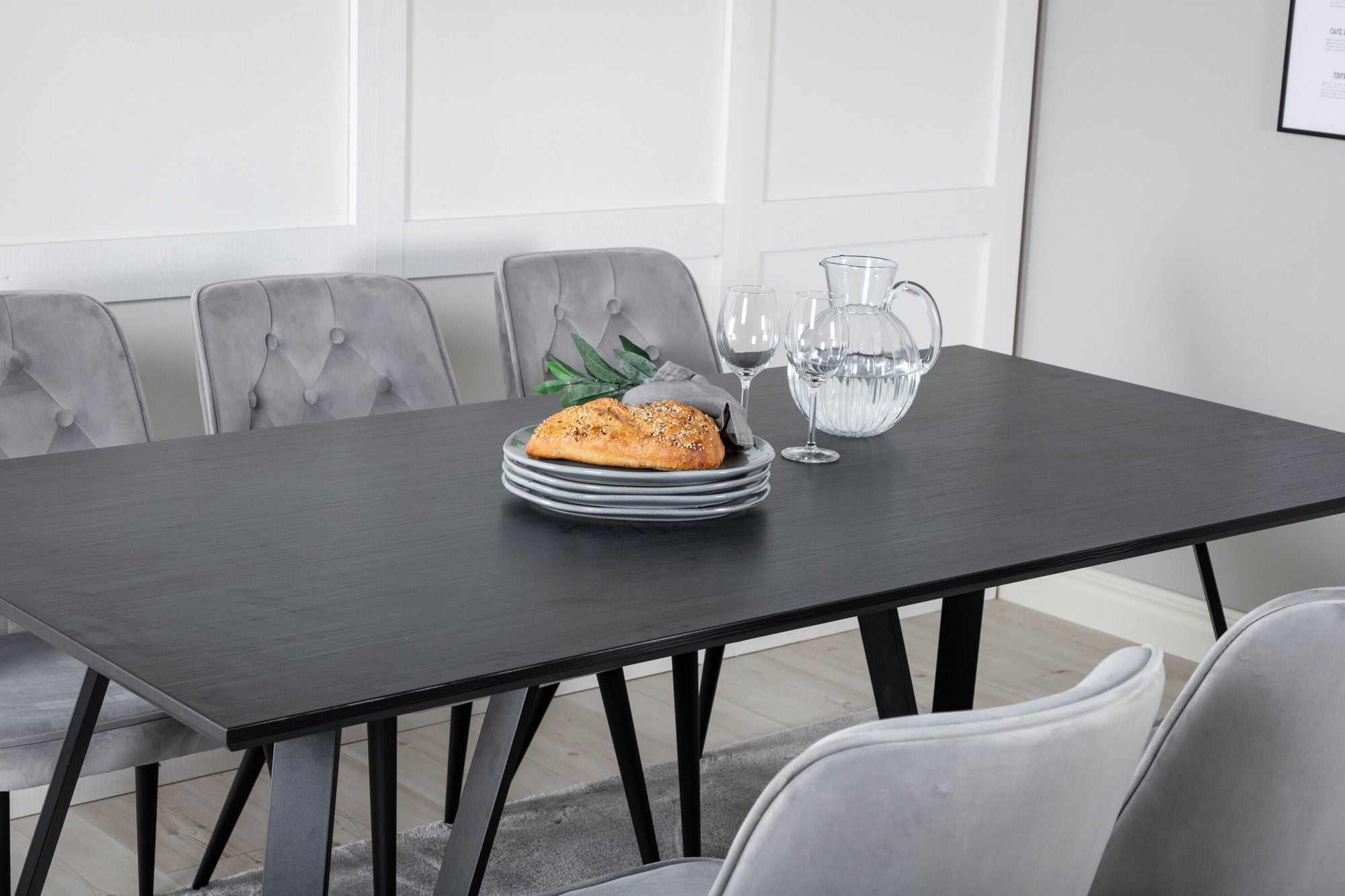 Venture Home Marina spisebord - Black top / Black Legs +Velvet Deluxe Spisebordsstol - Light Grey / Black_6