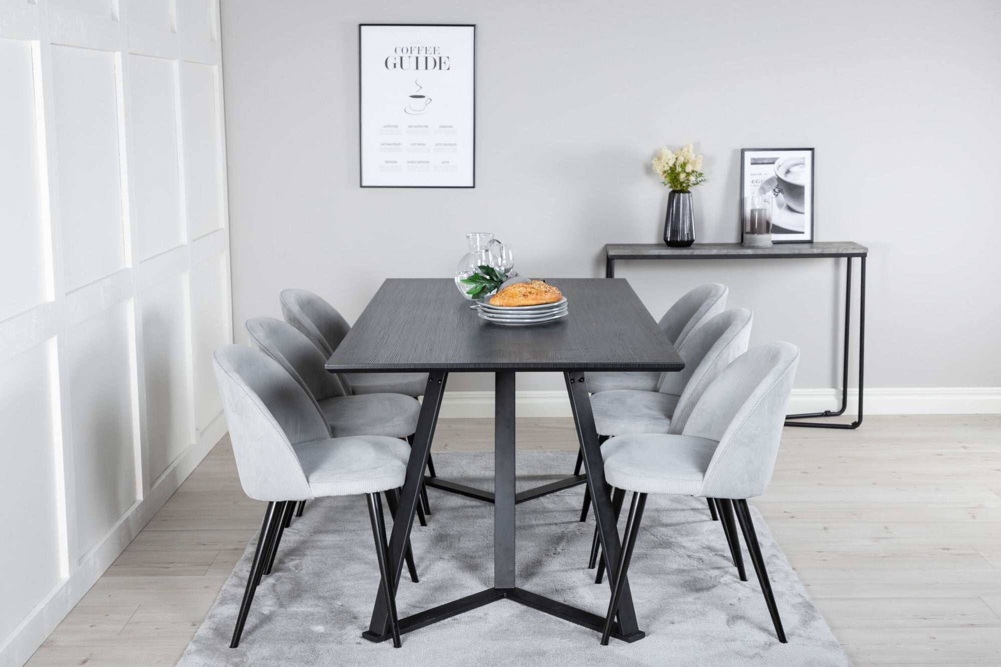 Venture Home Marina spisebord - Black top / Black Legs +Velvet Spisebordsstol Corduroy - Light Grey / Black_6