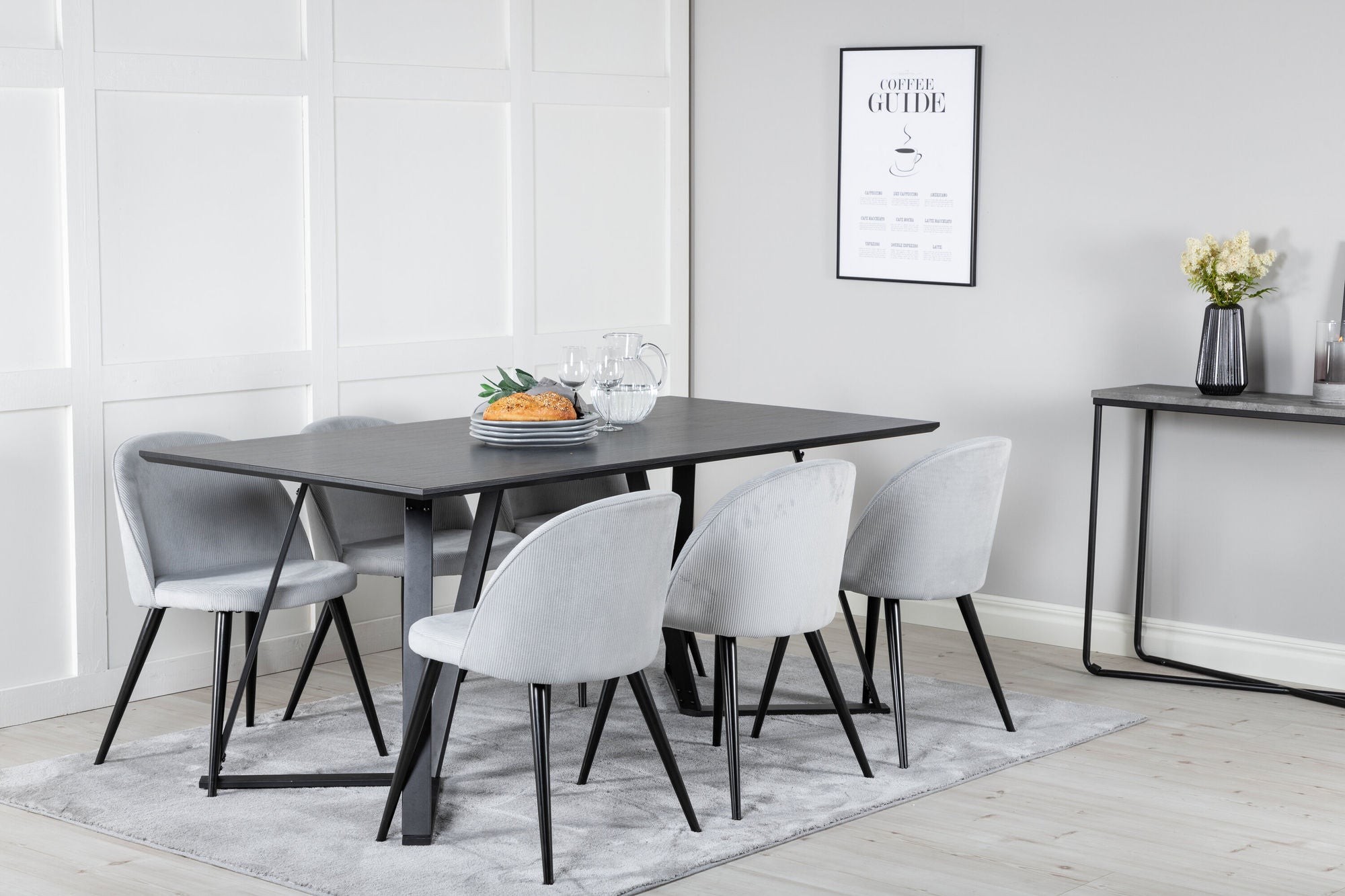 Venture Home Marina spisebord - Black top / Black Legs +Velvet Spisebordsstol Corduroy - Light Grey / Black_6