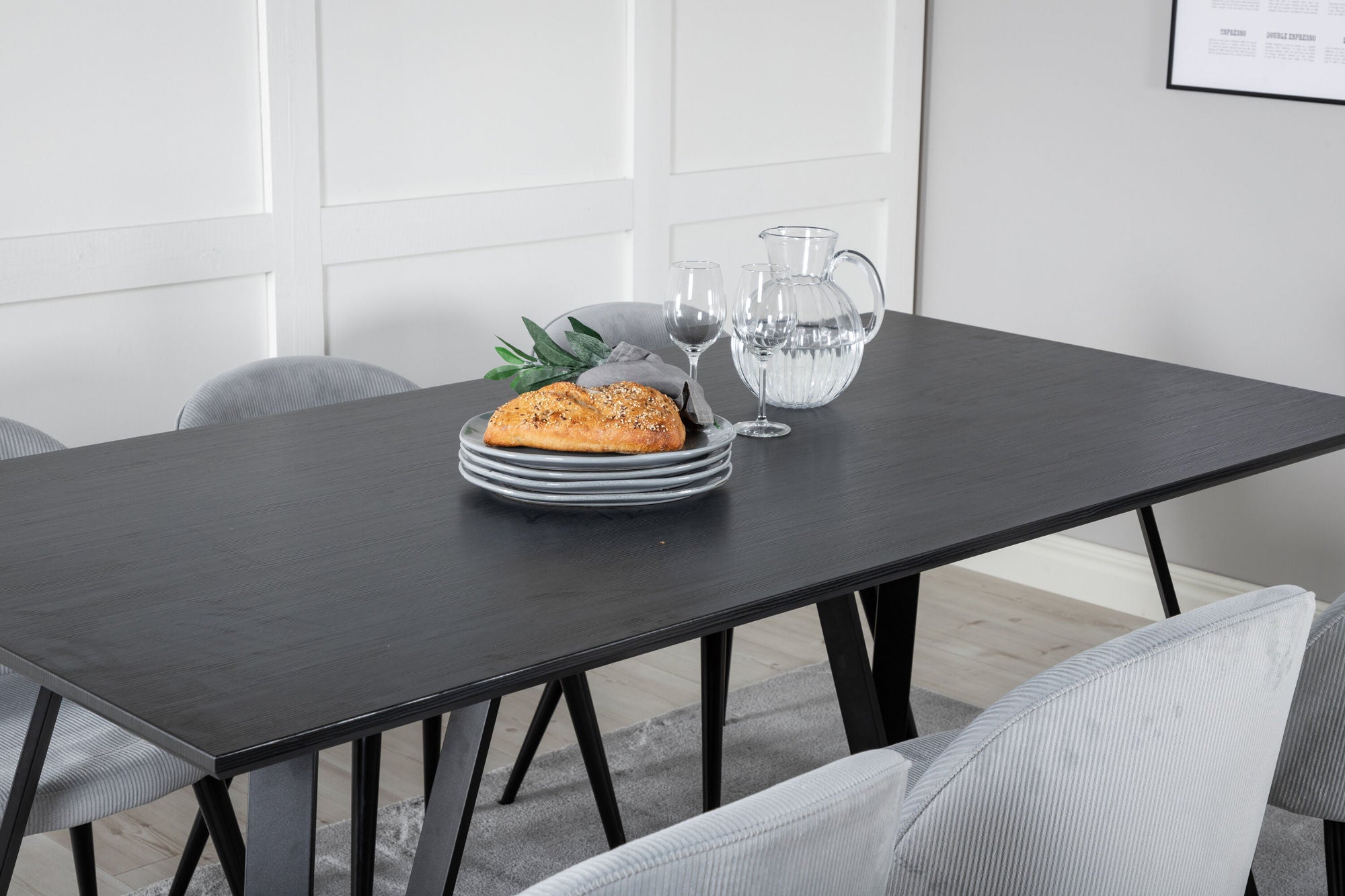 Venture Home Marina spisebord - Black top / Black Legs +Velvet Spisebordsstol Corduroy - Light Grey / Black_6