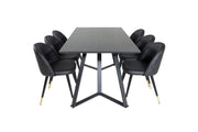 Venture Home Marina spisebord - Black top / Black Legs +Velvet Spisebordsstol w. Stiches - PU - Black / Black_6