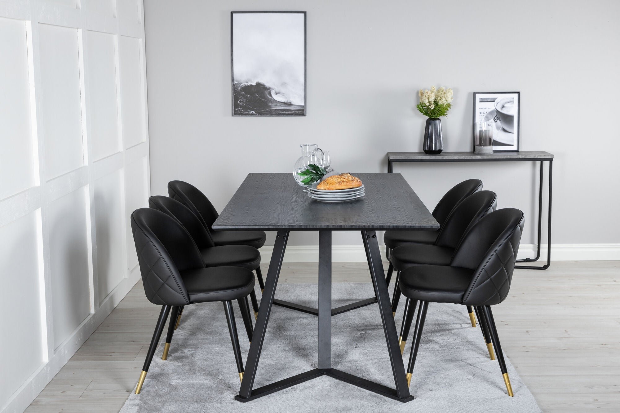 Venture Home Marina spisebord - Black top / Black Legs +Velvet Spisebordsstol w. Stiches - PU - Black / Black_6