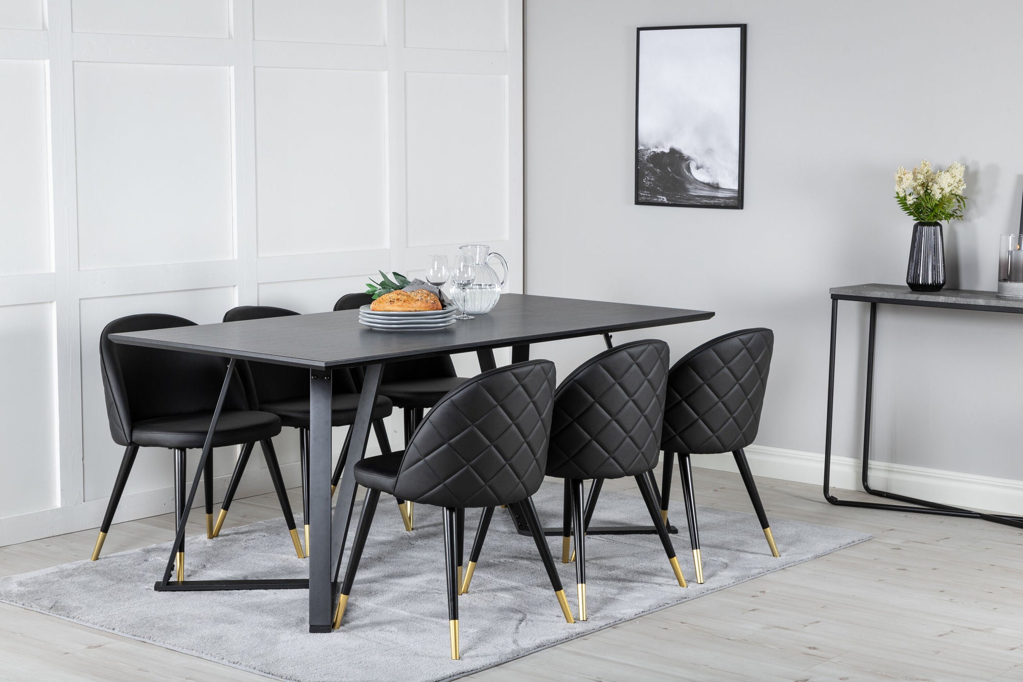Venture Home Marina spisebord - Black top / Black Legs +Velvet Spisebordsstol w. Stiches - PU - Black / Black_6