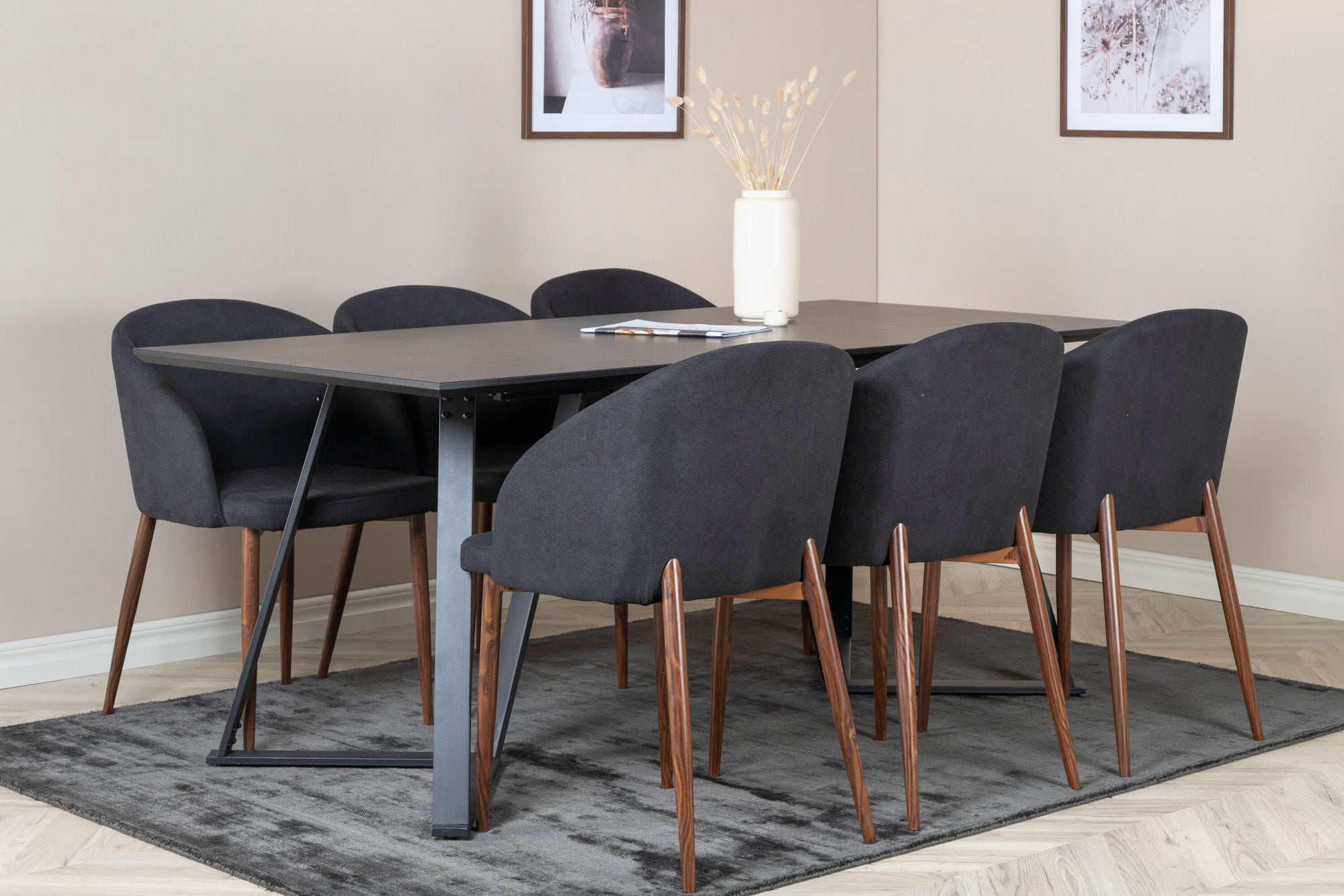 Venture Home Marina spisebord - Black top / Black Legs +Arch Spisebordsstol - Walnut Legs - Black Fabric_6