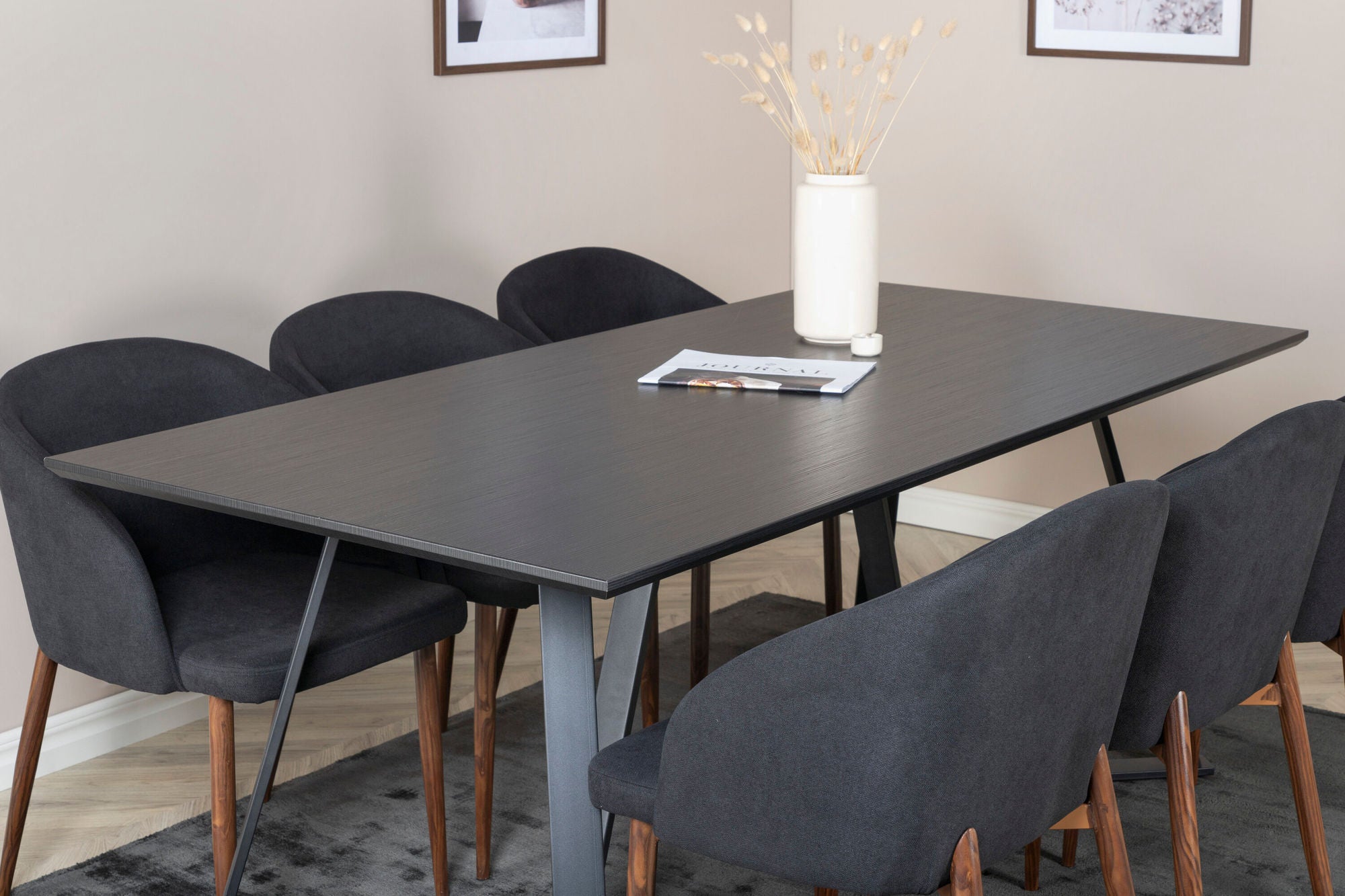 Venture Home Marina spisebord - Black top / Black Legs +Arch Spisebordsstol - Walnut Legs - Black Fabric_6