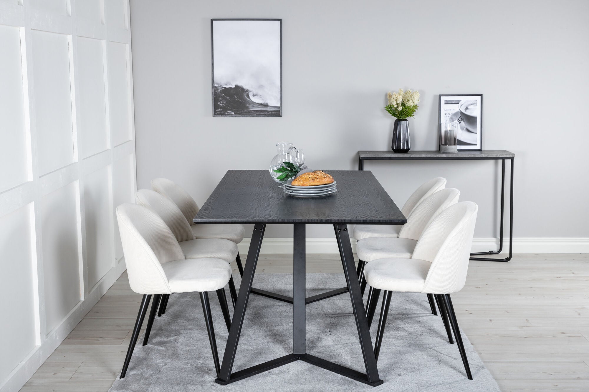 Venture Home Marina spisebord - Black top / Black Legs +Velvet Spisebordsstol Corduroy - Beige / Black_6