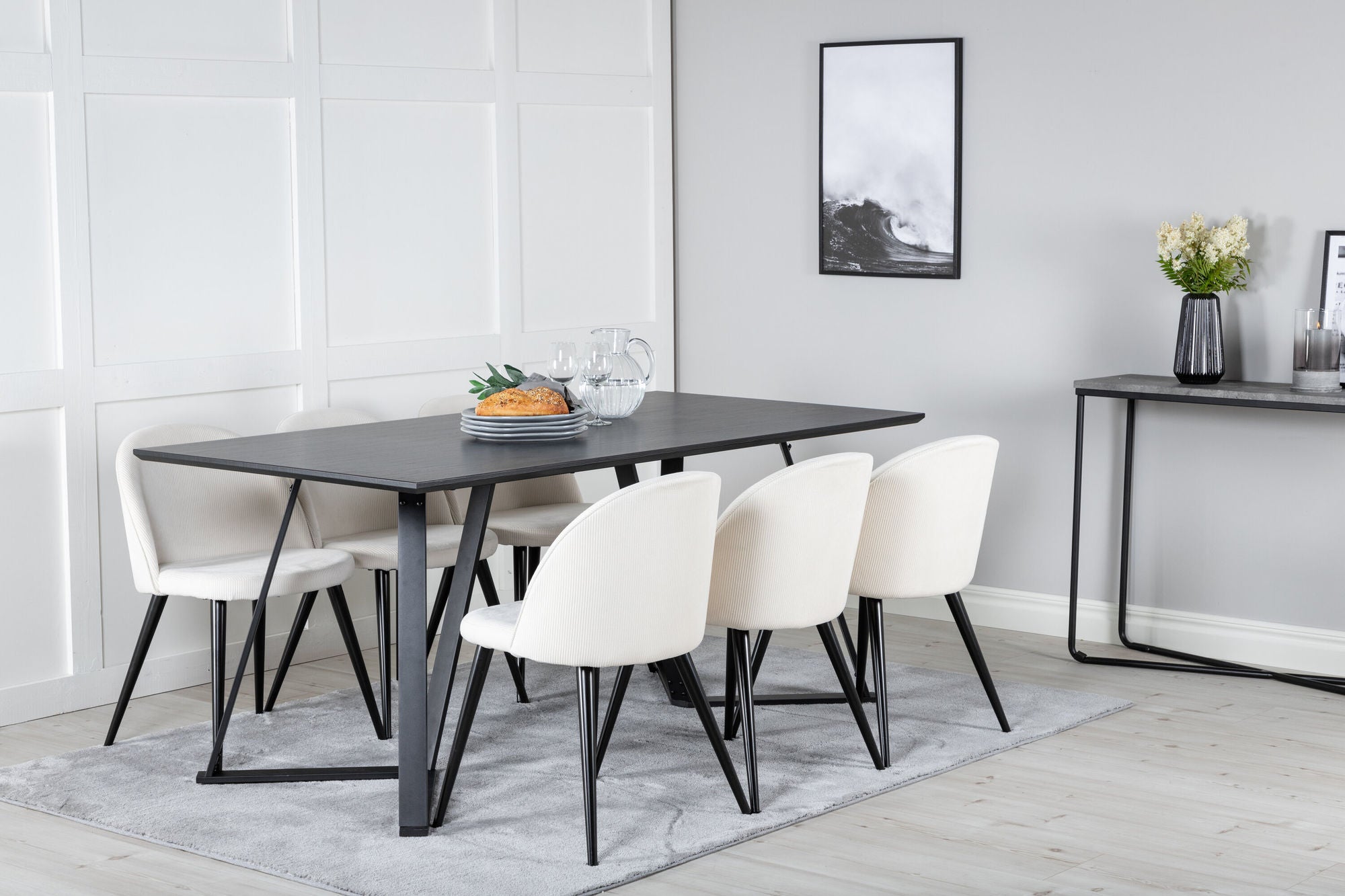Venture Home Marina spisebord - Black top / Black Legs +Velvet Spisebordsstol Corduroy - Beige / Black_6