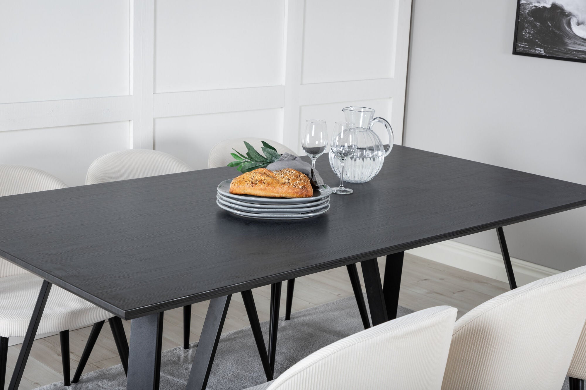 Venture Home Marina spisebord - Black top / Black Legs +Velvet Spisebordsstol Corduroy - Beige / Black_6