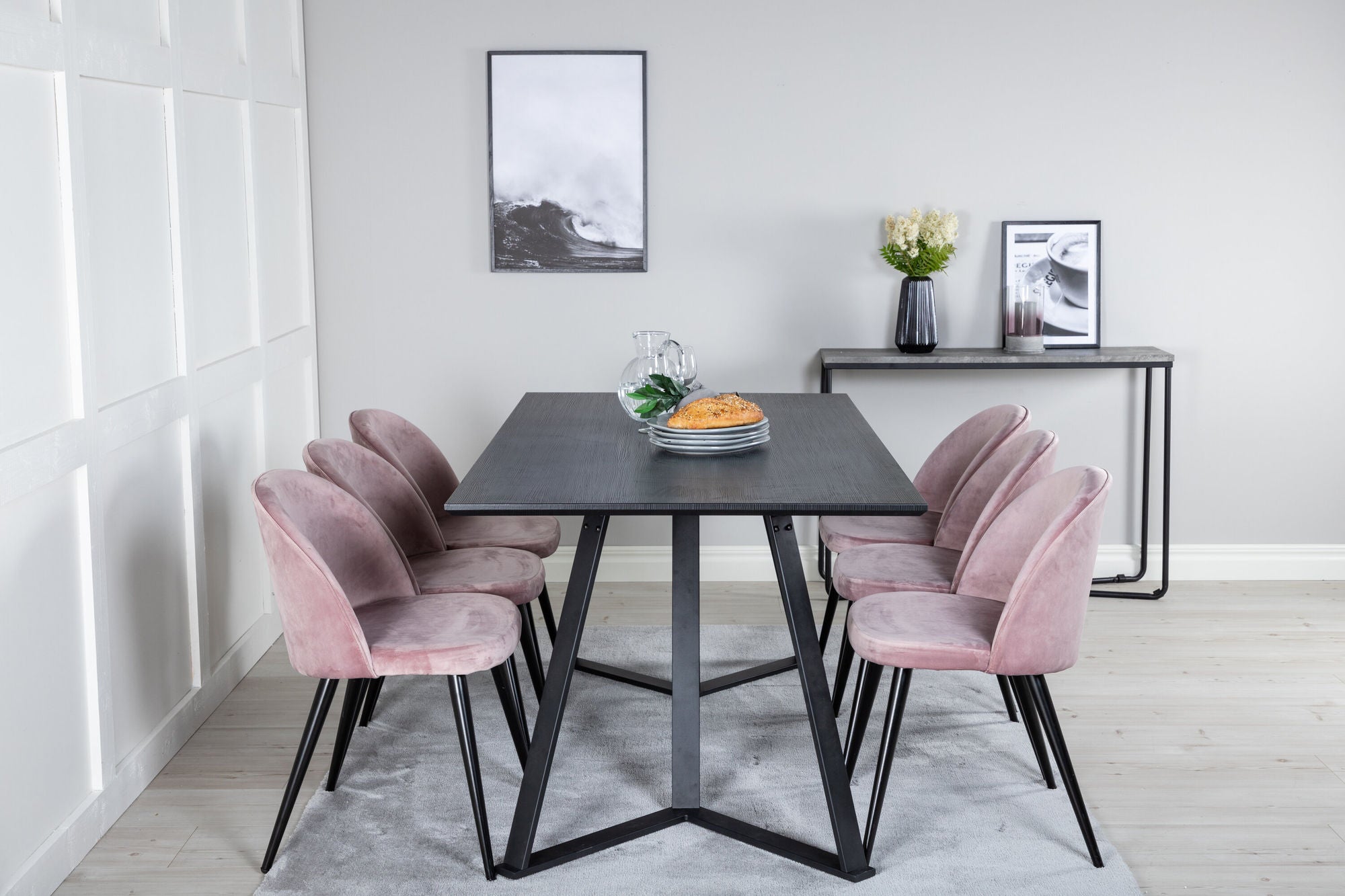 Venture Home Marina spisebord - Black top / Black Legs +Velvet Spisebordsstol - Pink / Black_6