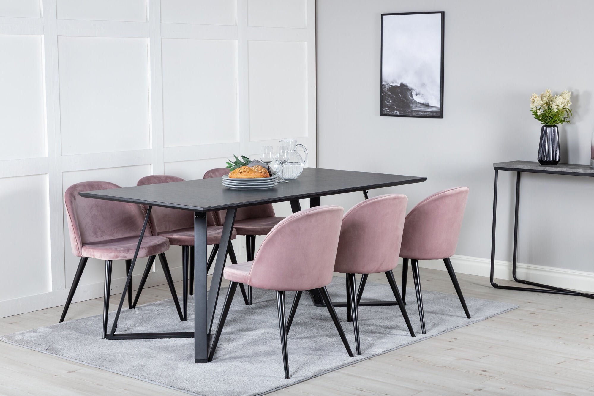 Venture Home Marina spisebord - Black top / Black Legs +Velvet Spisebordsstol - Pink / Black_6