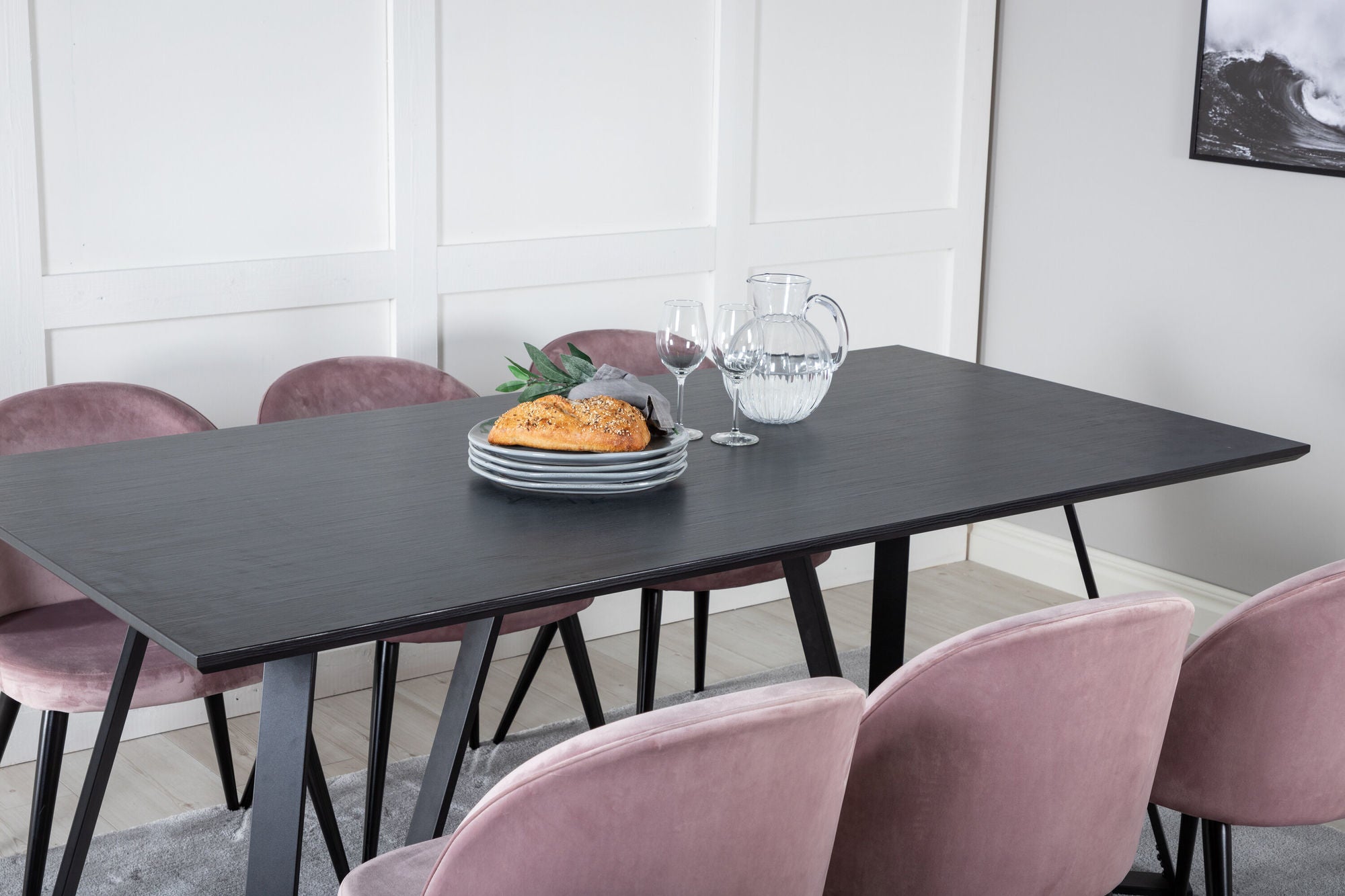 Venture Home Marina spisebord - Black top / Black Legs +Velvet Spisebordsstol - Pink / Black_6