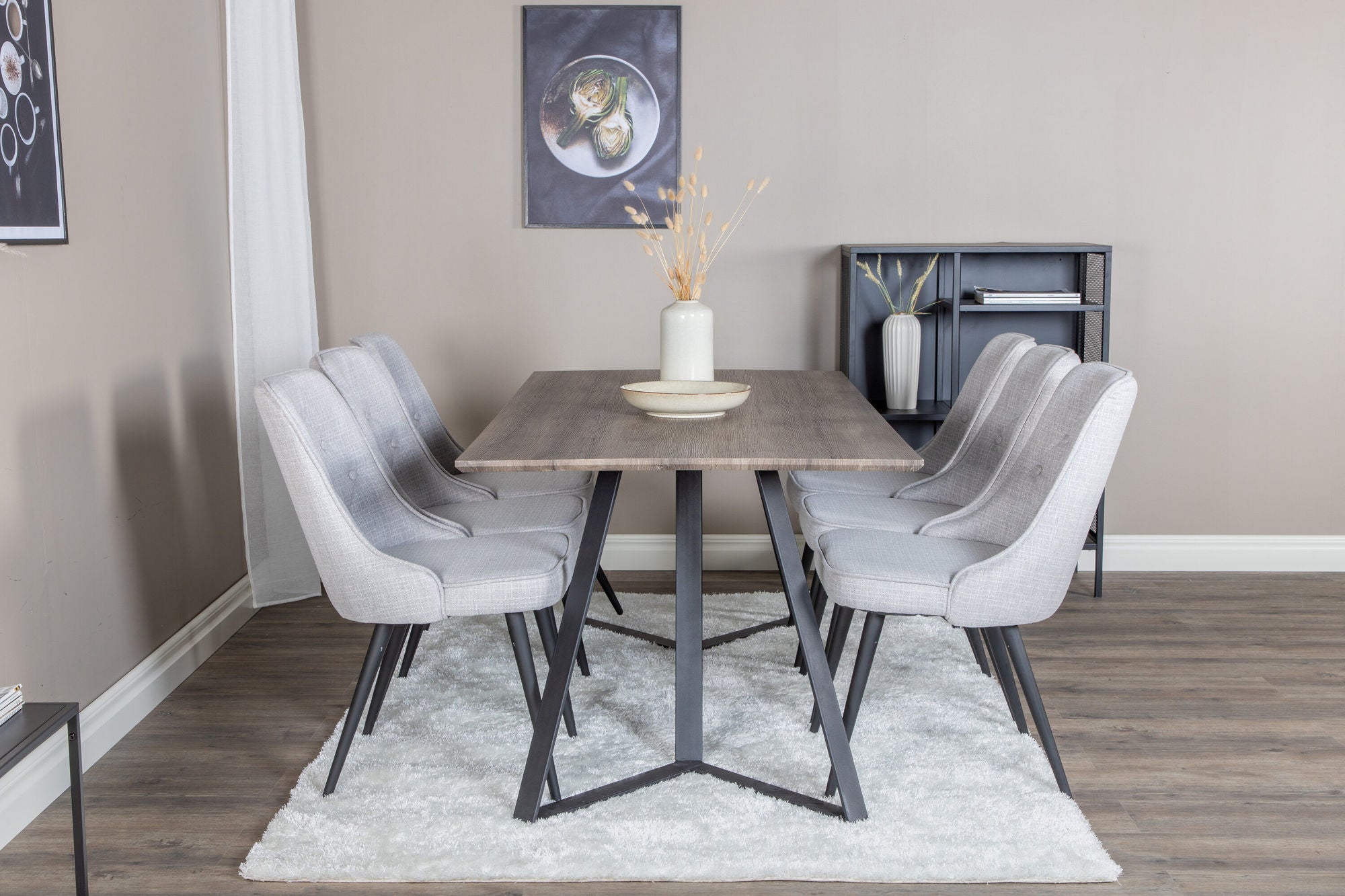 Venture Home Marina spisebord - 180*90*H75 - Grey / Black+Velvet Deluxe Spisebordsstol - Black Legs - Light Grey Fabric_6