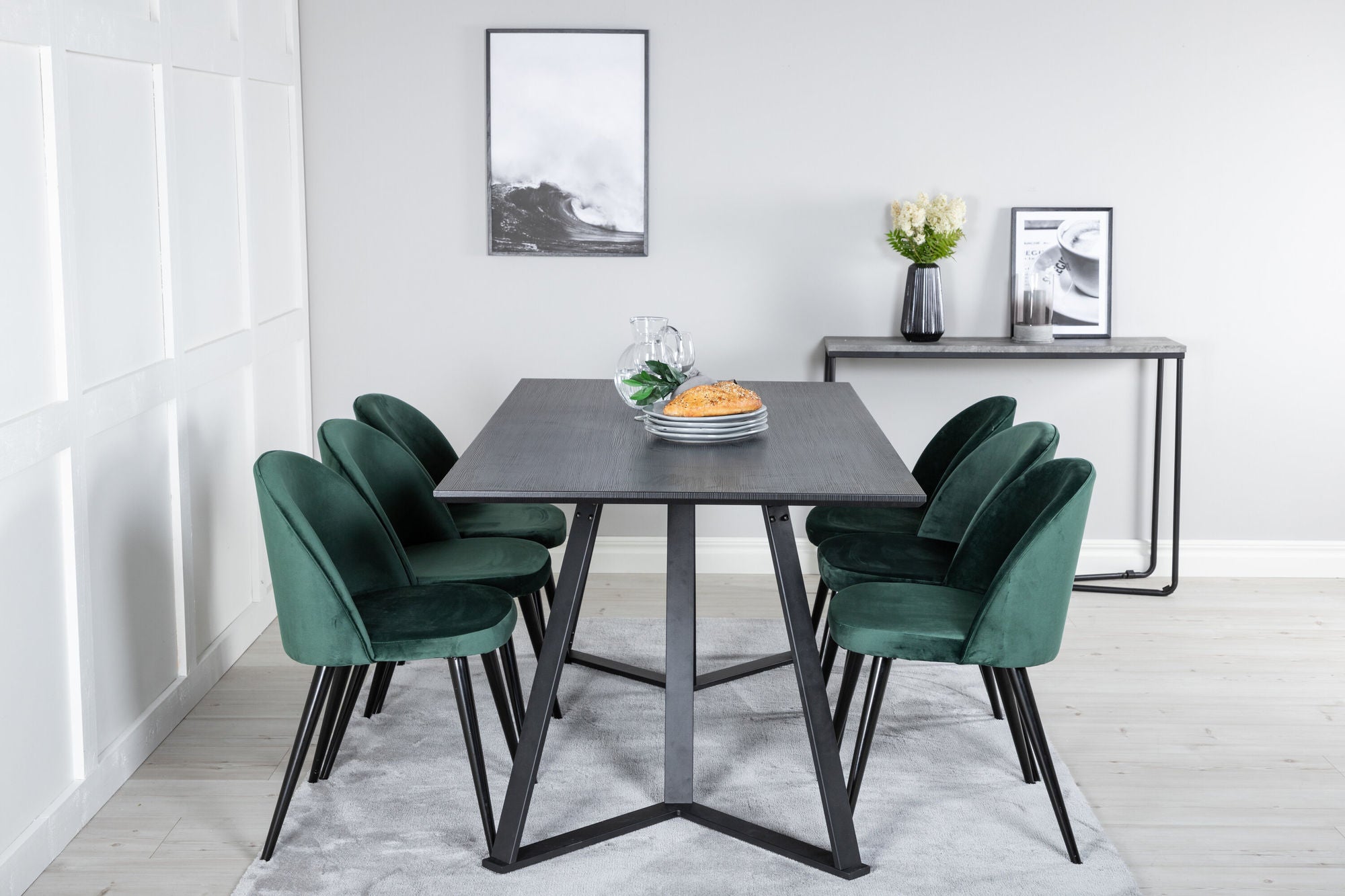 Venture Home Marina spisebord - Black top / Black Legs +Velvet Spisebordsstol - Green / Black_6