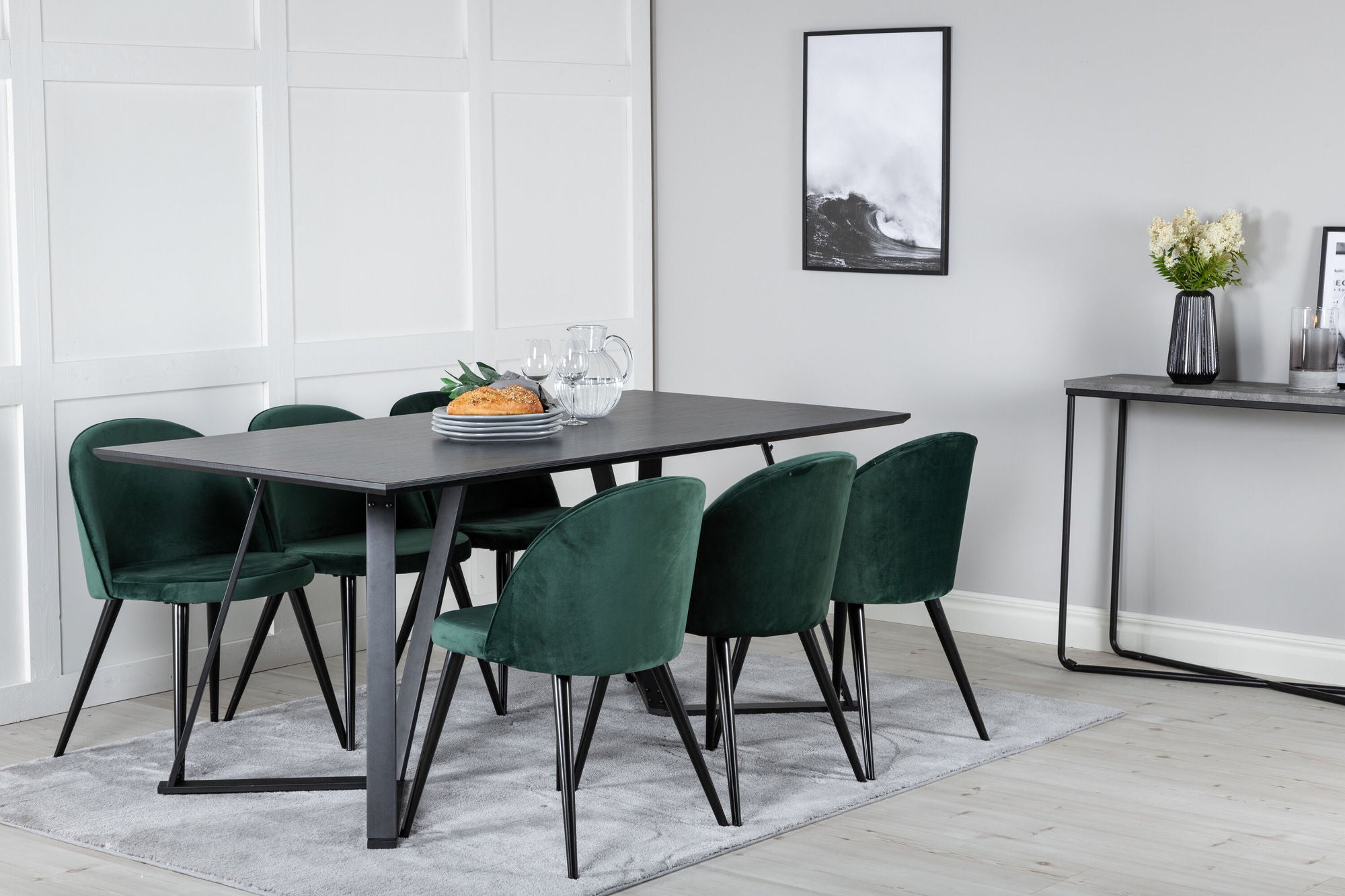 Venture Home Marina spisebord - Black top / Black Legs +Velvet Spisebordsstol - Green / Black_6