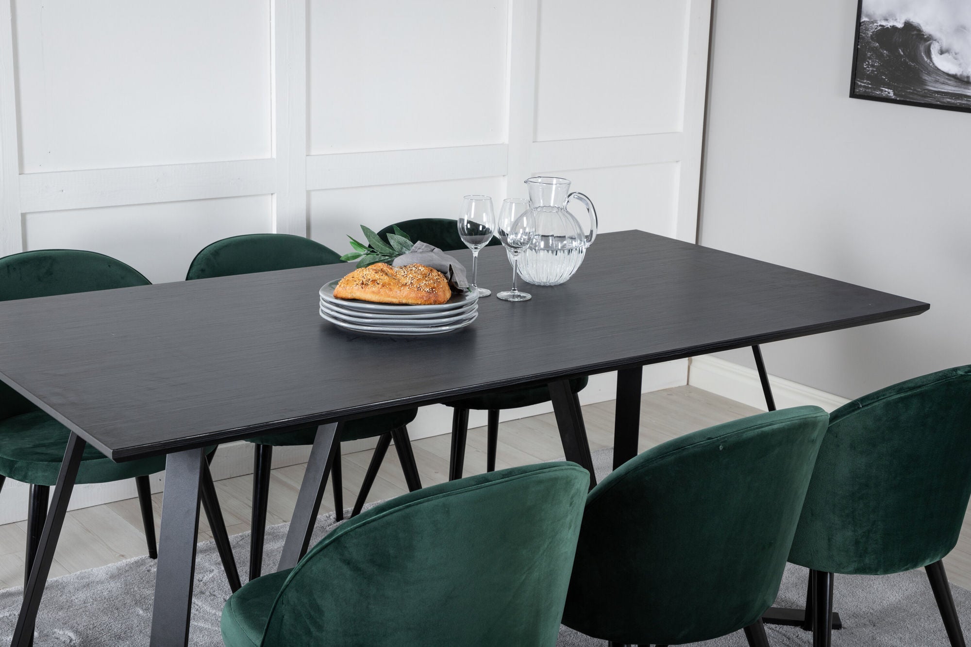 Venture Home Marina spisebord - Black top / Black Legs +Velvet Spisebordsstol - Green / Black_6