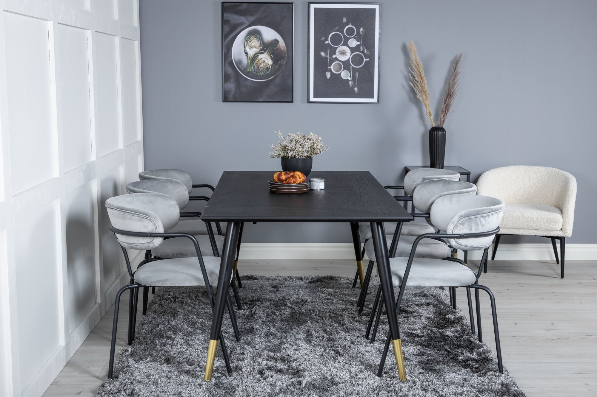 Venture Home Dipp spisebord - 180*90cm - Black / Black Brass+Arrow armchair - Black Legs - Grey Velvet_6