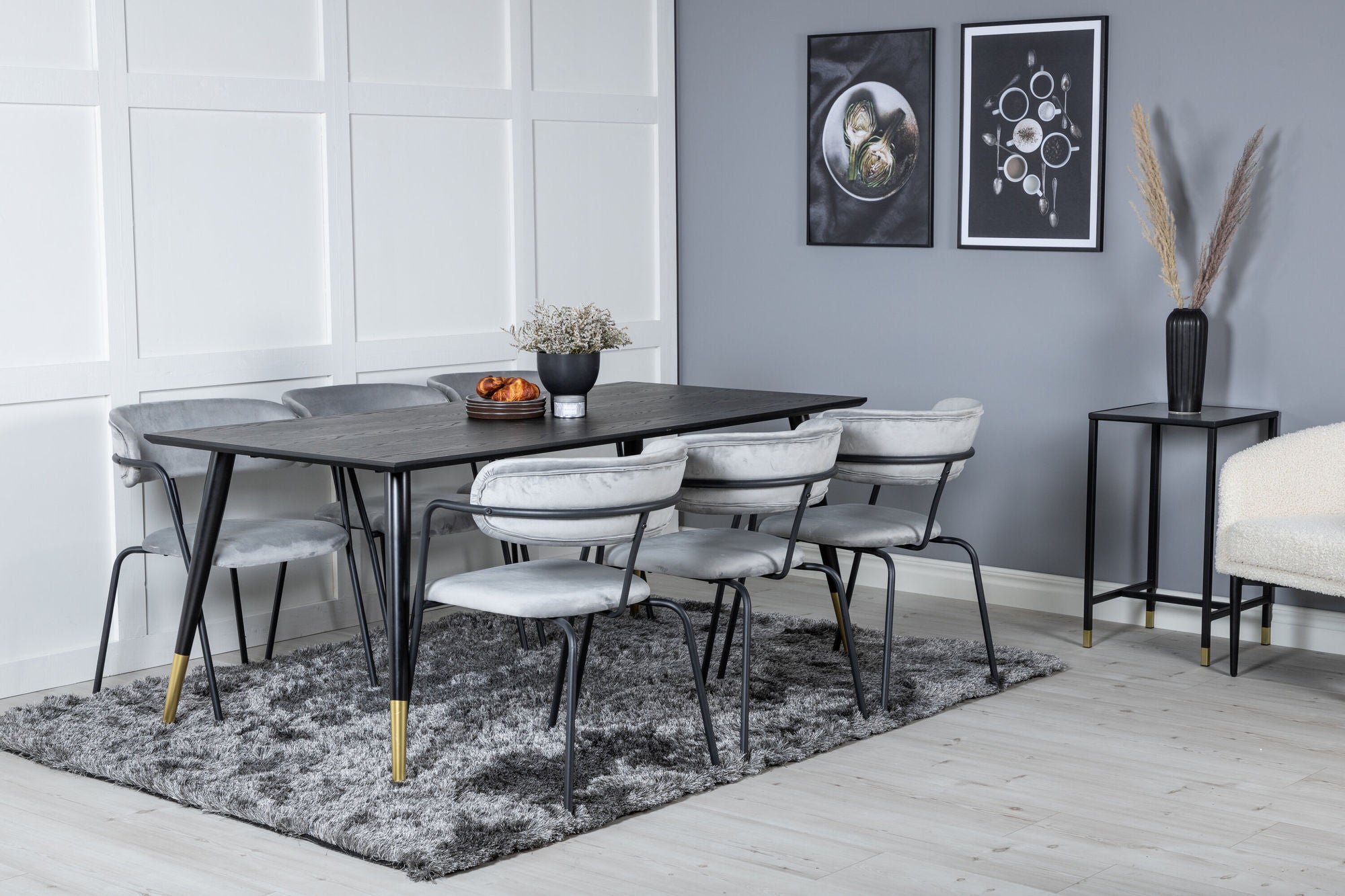 Venture Home Dipp spisebord - 180*90cm - Black / Black Brass+Arrow armchair - Black Legs - Grey Velvet_6
