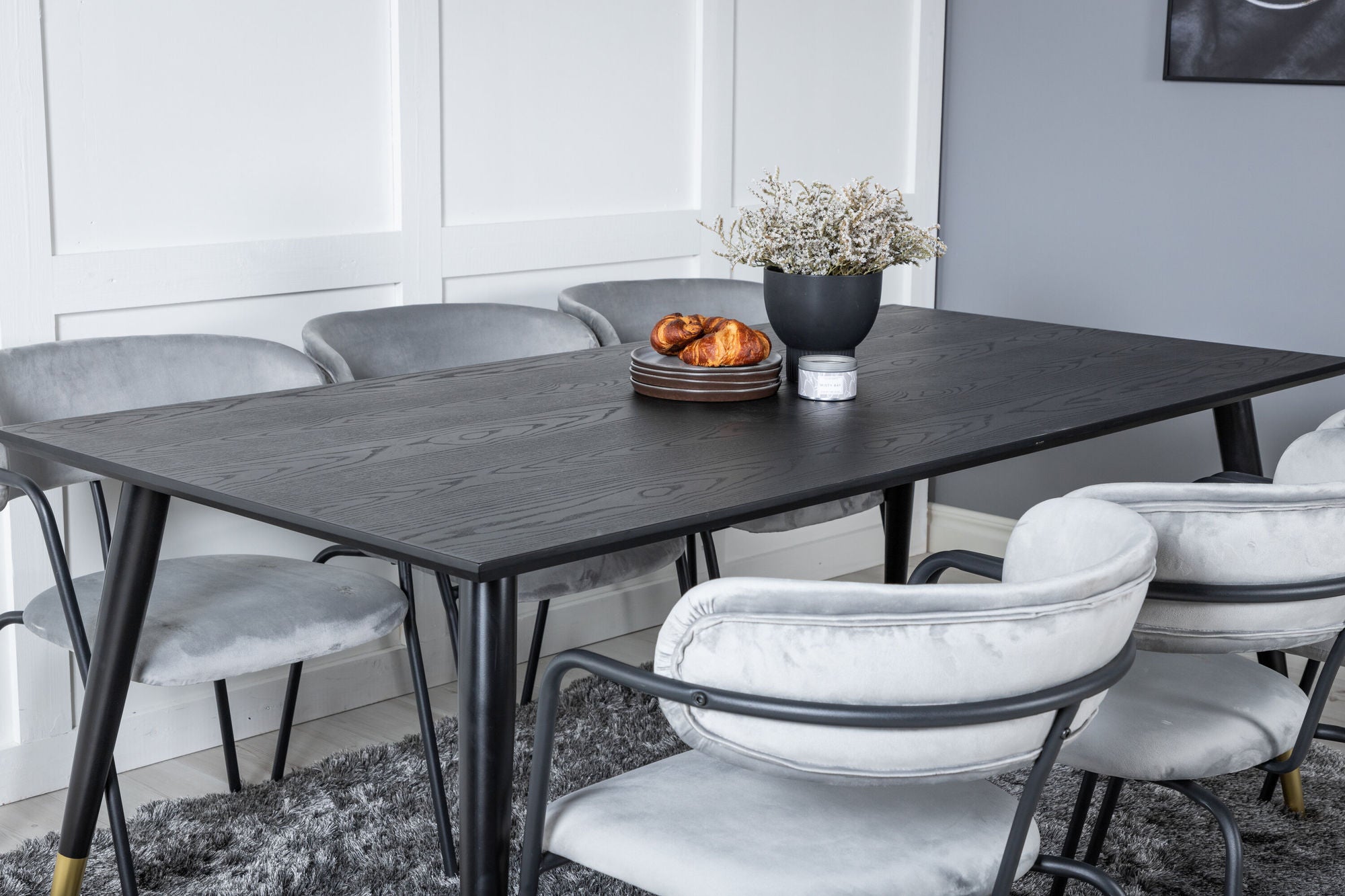 Venture Home Dipp spisebord - 180*90cm - Black / Black Brass+Arrow armchair - Black Legs - Grey Velvet_6