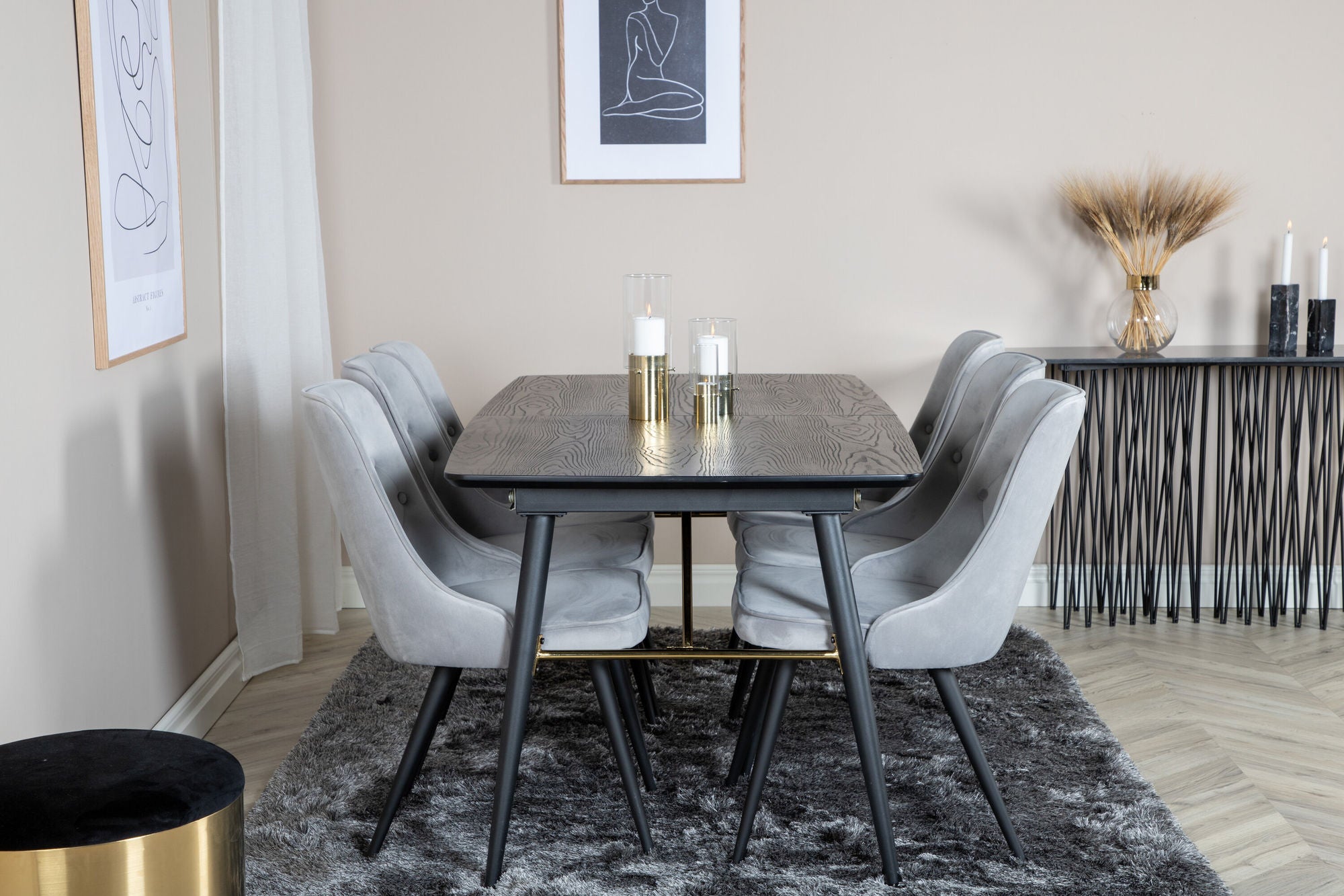 Venture Home Gold Extention bord - 180/220*85*H76 Black Veneer - Black legs - Brass details+Velvet Deluxe Spisebordsstol - Light Grey / Black_6