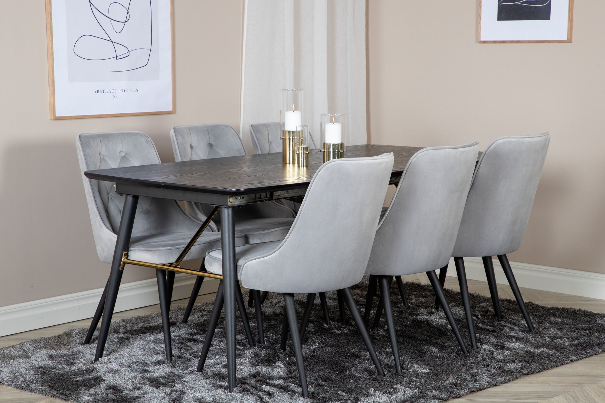 Venture Home Gold Extention bord - 180/220*85*H76 Black Veneer - Black legs - Brass details+Velvet Deluxe Spisebordsstol - Light Grey / Black_6