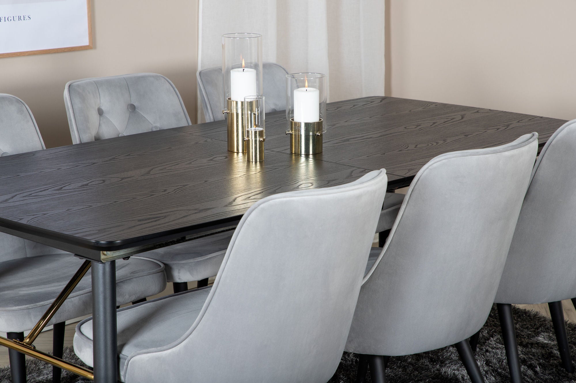 Venture Home Gold Extention bord - 180/220*85*H76 Black Veneer - Black legs - Brass details+Velvet Deluxe Spisebordsstol - Light Grey / Black_6