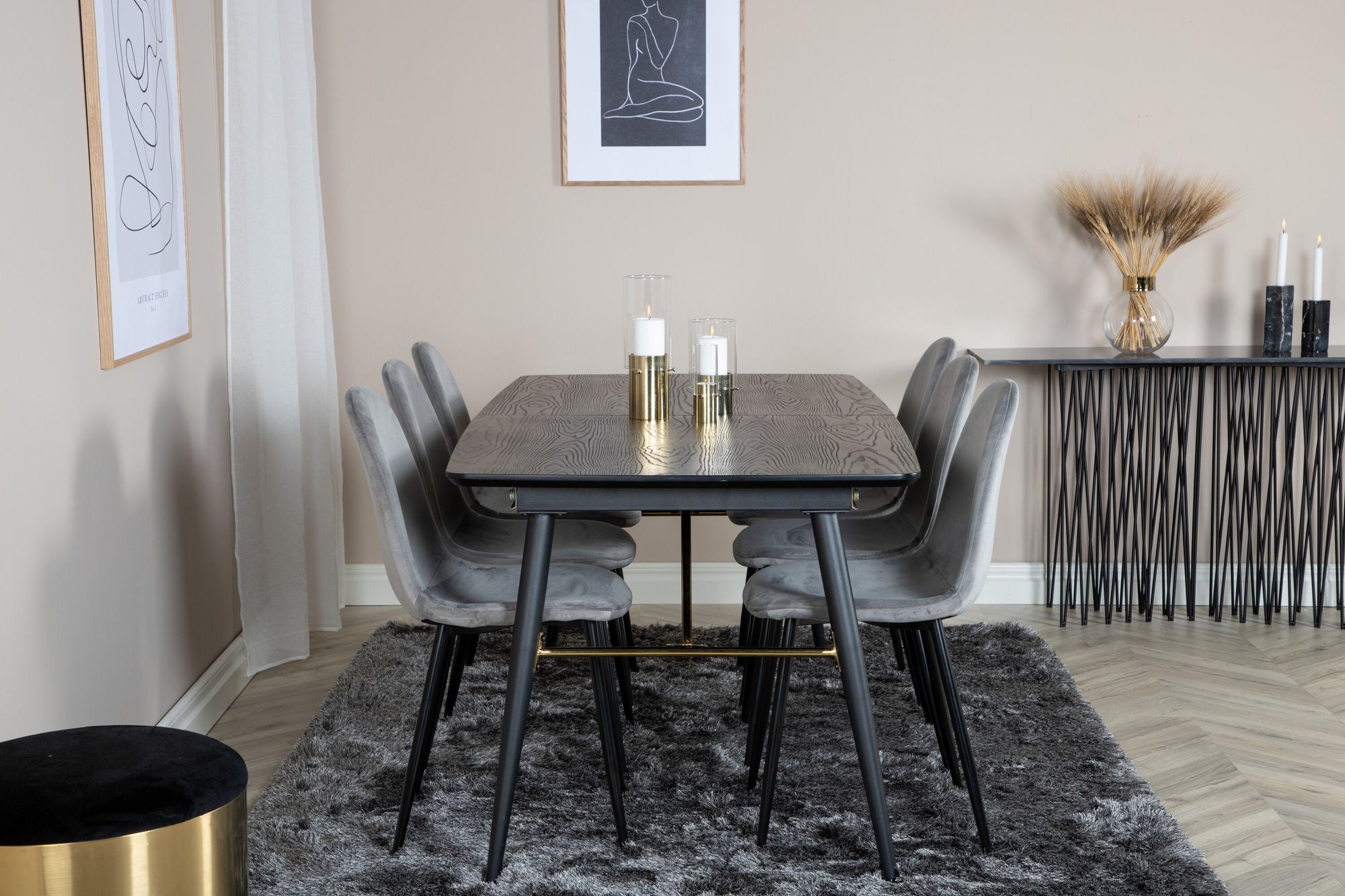 Venture Home Gold Extention bord - 180/220*85*H76 Black Veneer - Black legs - Brass details+Polar Spisebordsstol - Black legs / Light Grey Velvet (ersätter 19902-885)_6