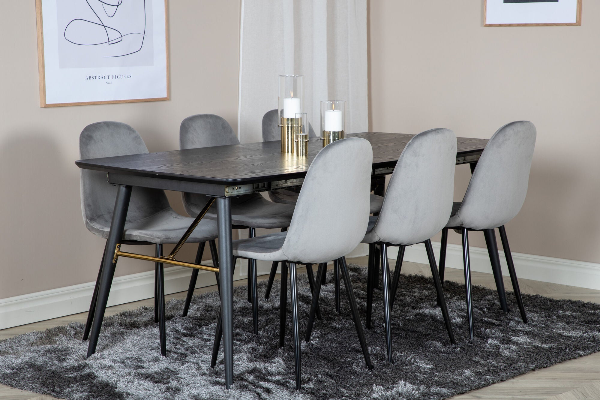 Venture Home Gold Extention bord - 180/220*85*H76 Black Veneer - Black legs - Brass details+Polar Spisebordsstol - Black legs / Light Grey Velvet (ersätter 19902-885)_6
