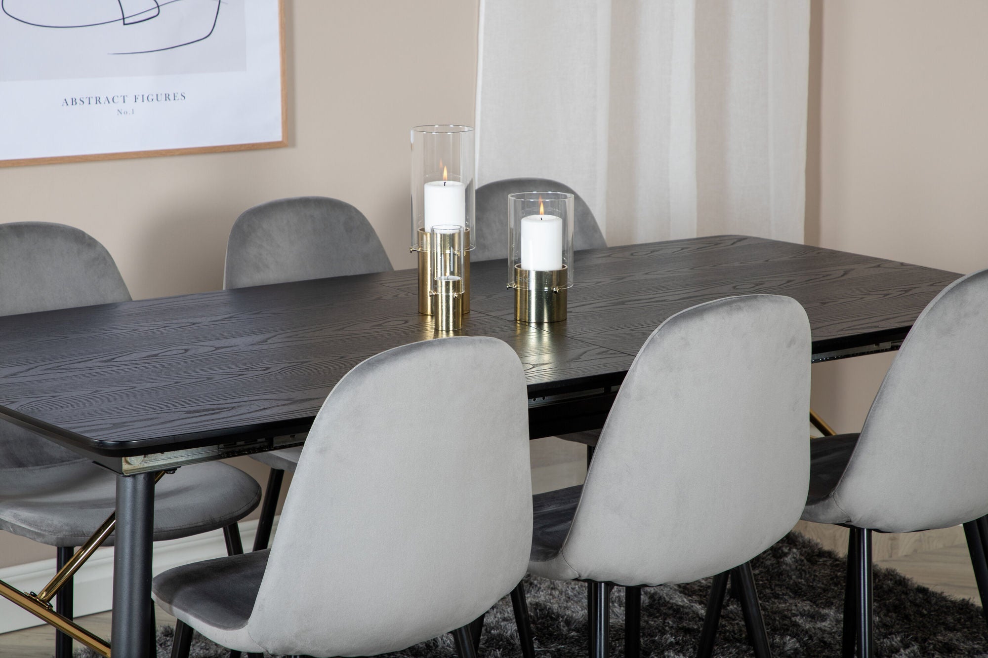Venture Home Gold Extention bord - 180/220*85*H76 Black Veneer - Black legs - Brass details+Polar Spisebordsstol - Black legs / Light Grey Velvet (ersätter 19902-885)_6