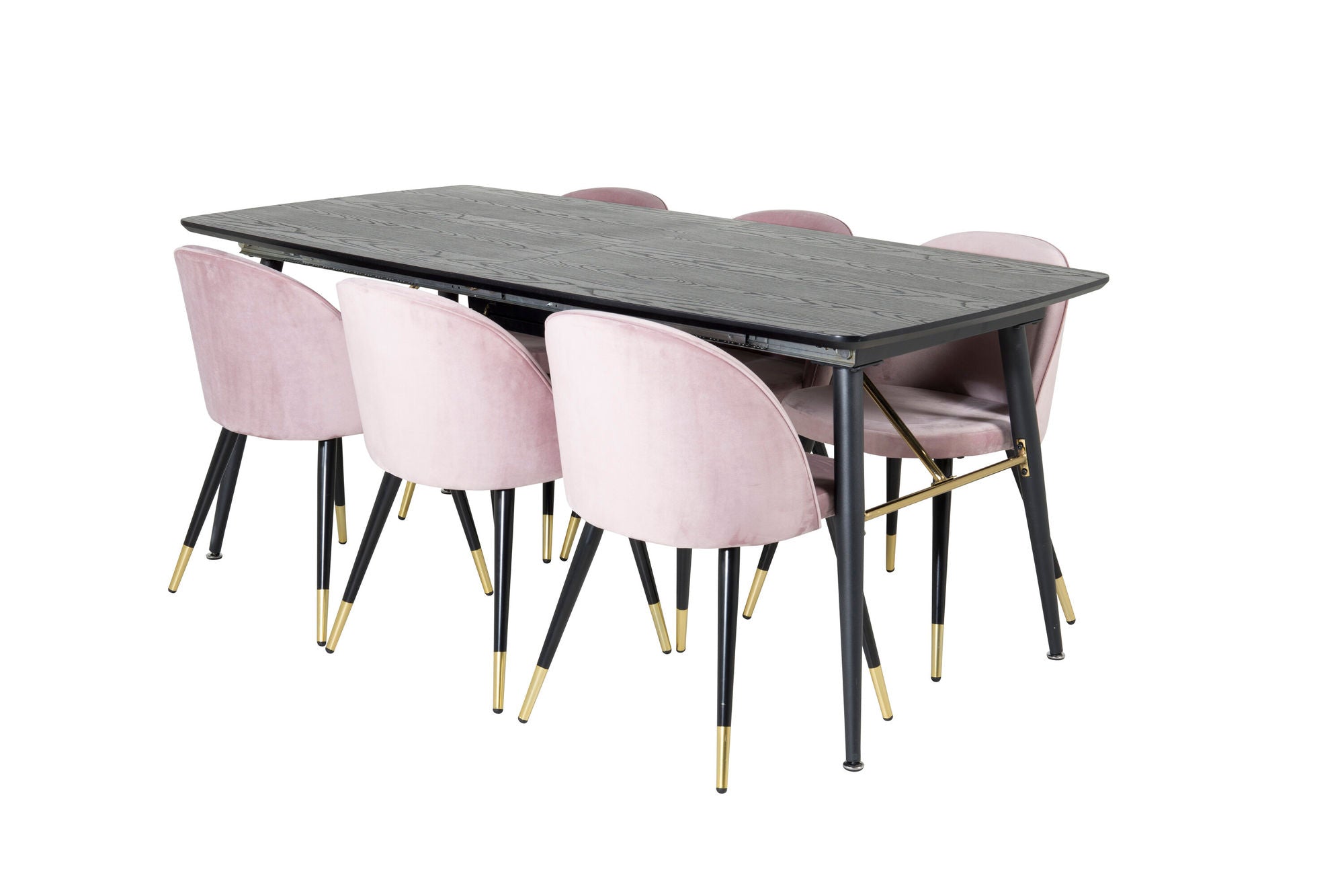 Venture Home Gold Extention bord - 180/220*85*H76 Black Veneer - Black legs - Brass details+Velvet Spisebordsstol Brass - Pink / Black_6
