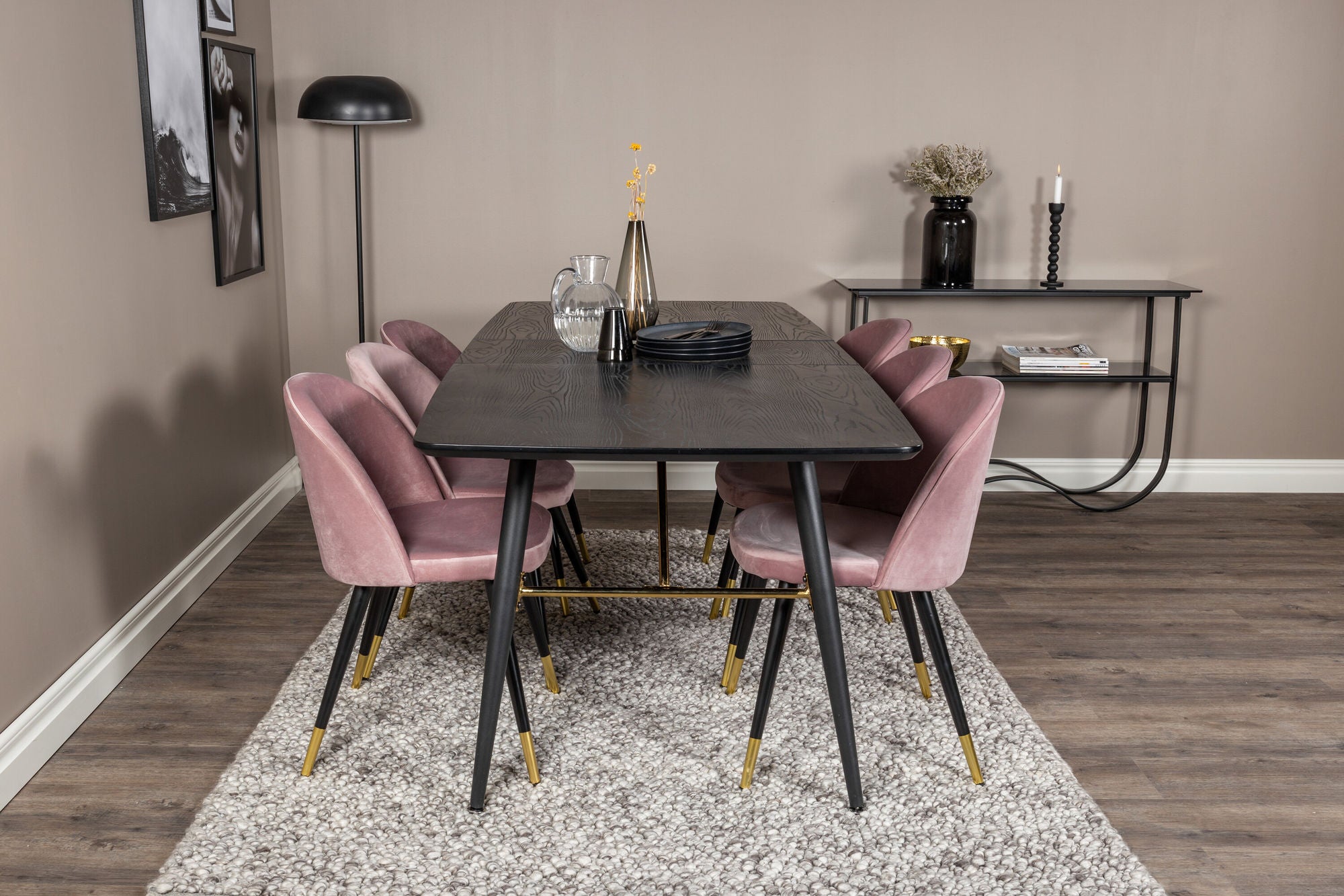 Venture Home Gold Extention bord - 180/220*85*H76 Black Veneer - Black legs - Brass details+Velvet Spisebordsstol Brass - Pink / Black_6