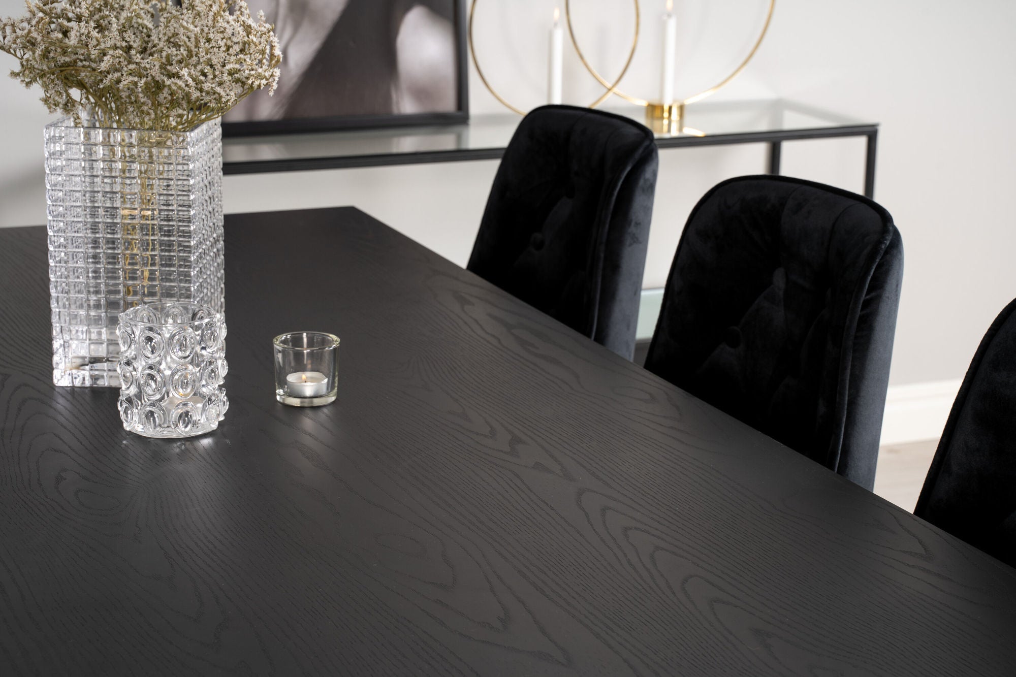 Venture Home Dipp spisebord - 180*90cm - Black Veneer / black legs w brass dipp - Velvet Deluxe stol - Black/Matt Brass Leg 6