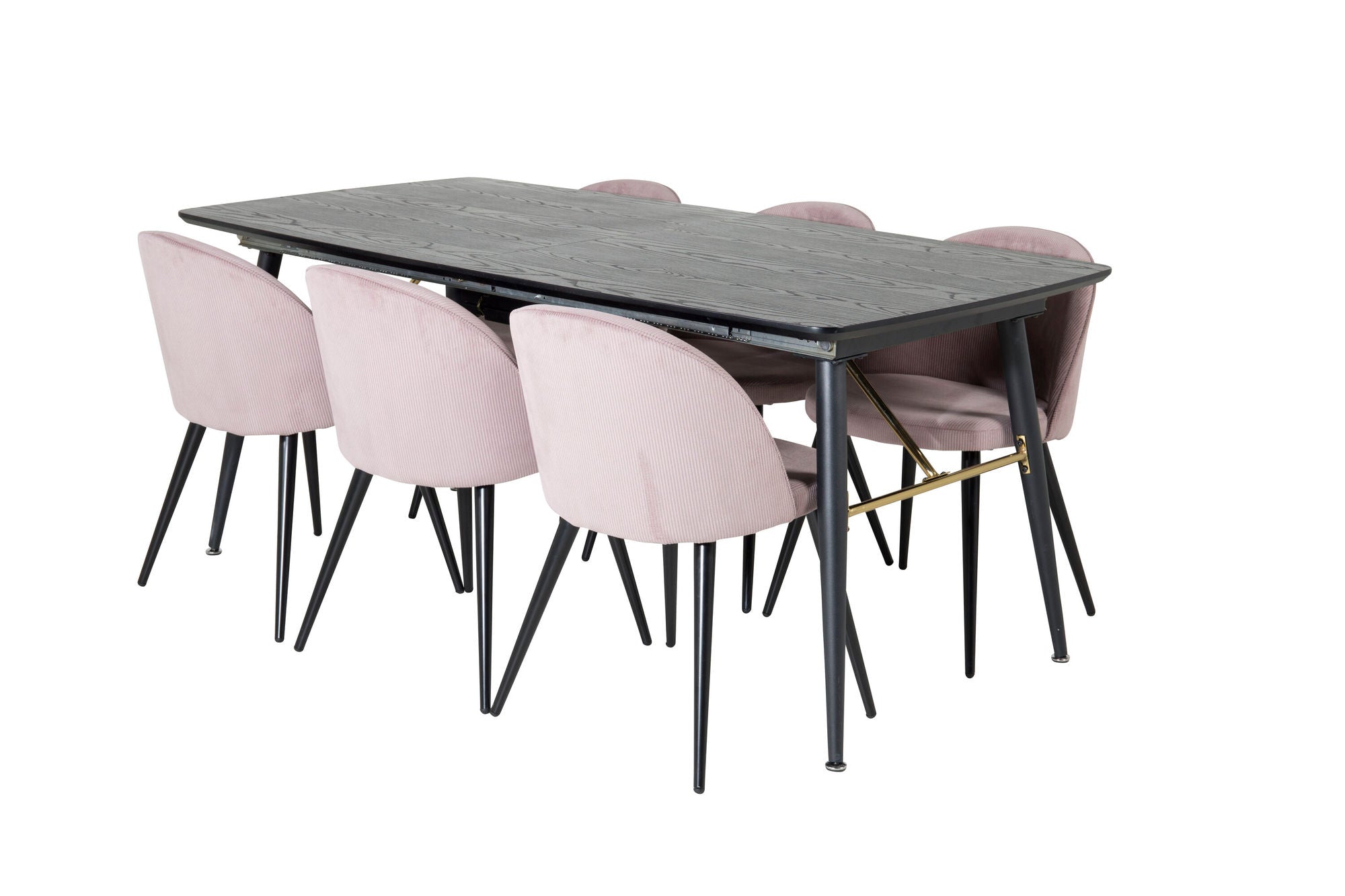 Venture Home Gold Extention bord - 180/220*85*H76 Black Veneer - Black legs - Brass details+Velvet Spisebordsstol Corduroy - Pink / Black_6