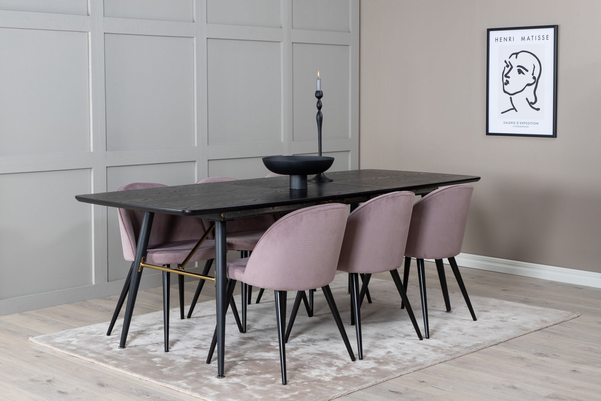 Venture Home Gold Extention bord - 180/220*85*H76 Black Veneer - Black legs - Brass details+Velvet Spisebordsstol Corduroy - Pink / Black_6