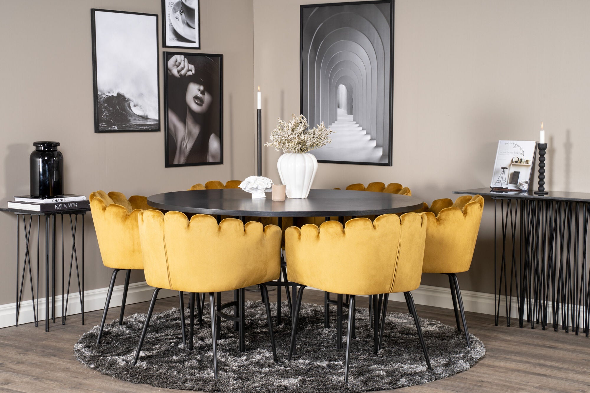 Venture Home Copenhagen - spisebord round - Black / Black+Limhamn - stol - Gold Velvet_6