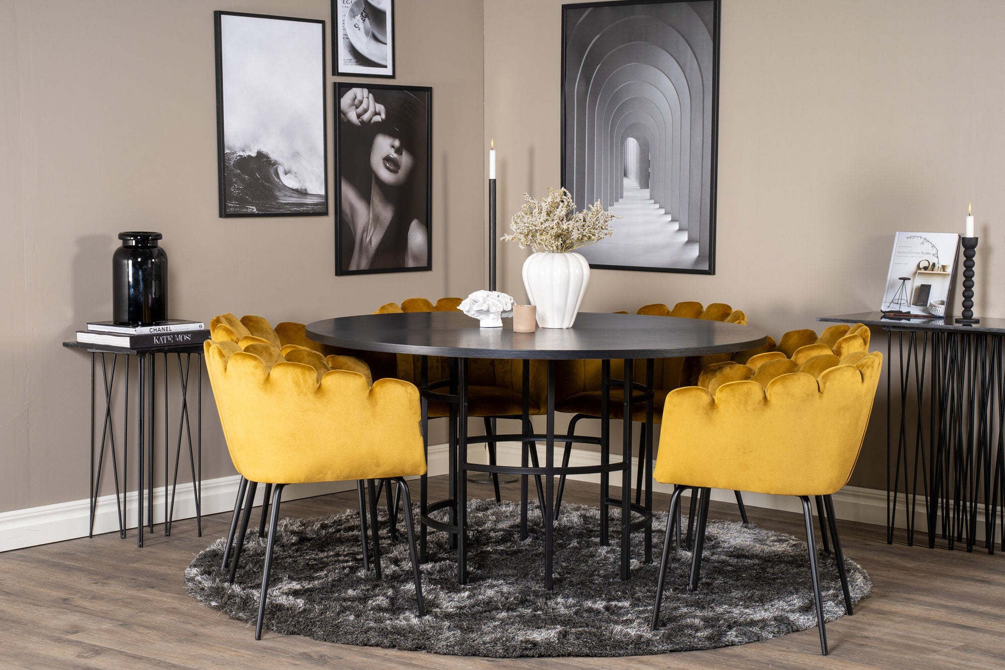 Venture Home Copenhagen - spisebord round - Black / Black+Limhamn - stol - Gold Velvet_6