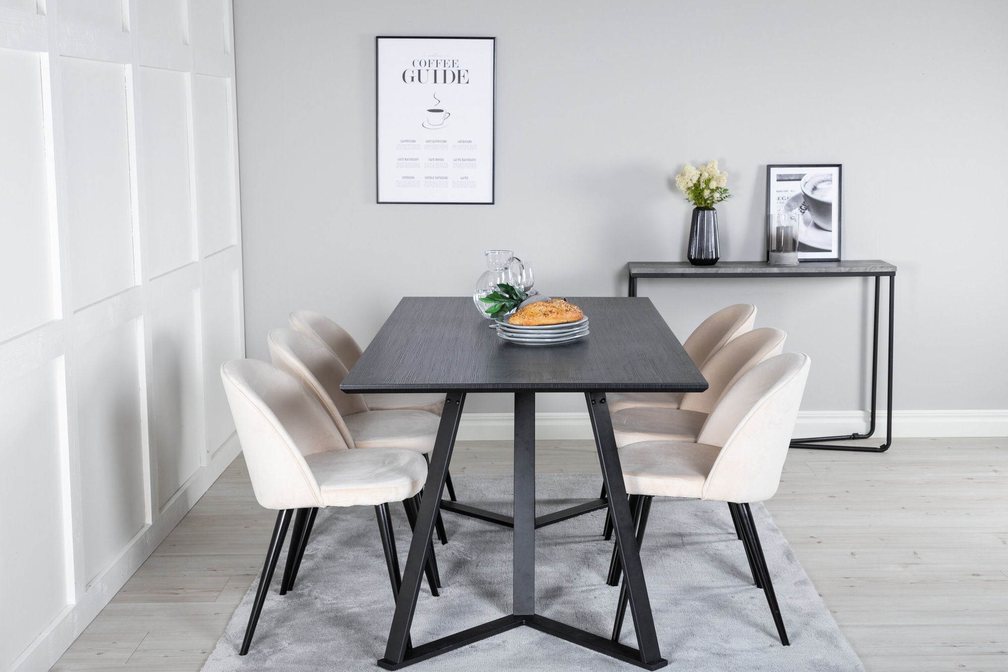 Venture Home Marina spisebord - Black top / Black Legs +Velvet Spisebordsstol - Beige / Black_6