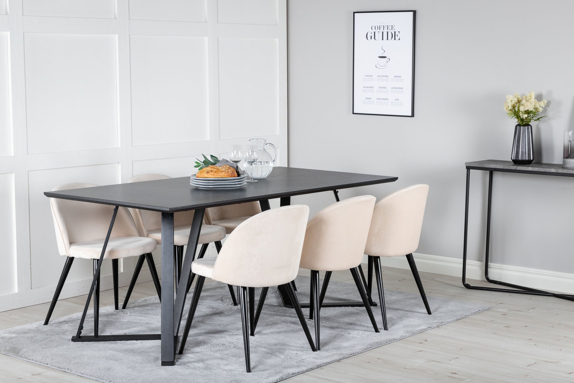 Venture Home Marina spisebord - Black top / Black Legs +Velvet Spisebordsstol - Beige / Black_6