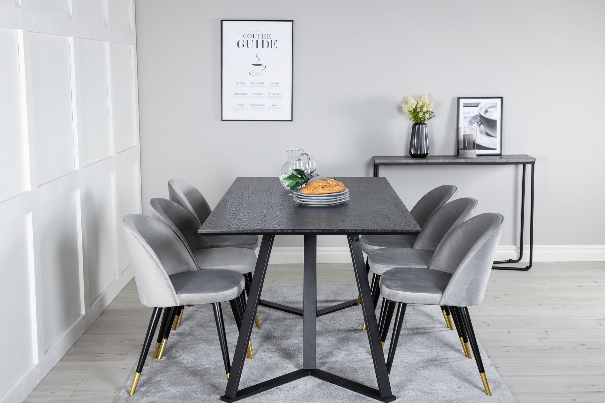 Venture Home Marina spisebord - Black top / Black Legs +Velvet Spisebordsstol Brass - Light Grey / Black_6