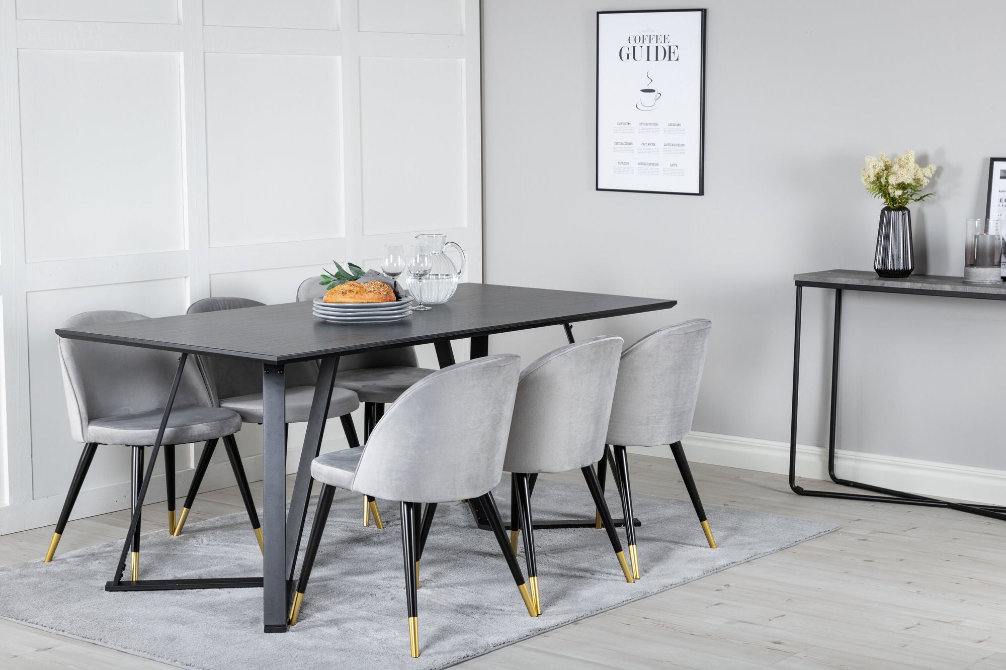 Venture Home Marina spisebord - Black top / Black Legs +Velvet Spisebordsstol Brass - Light Grey / Black_6