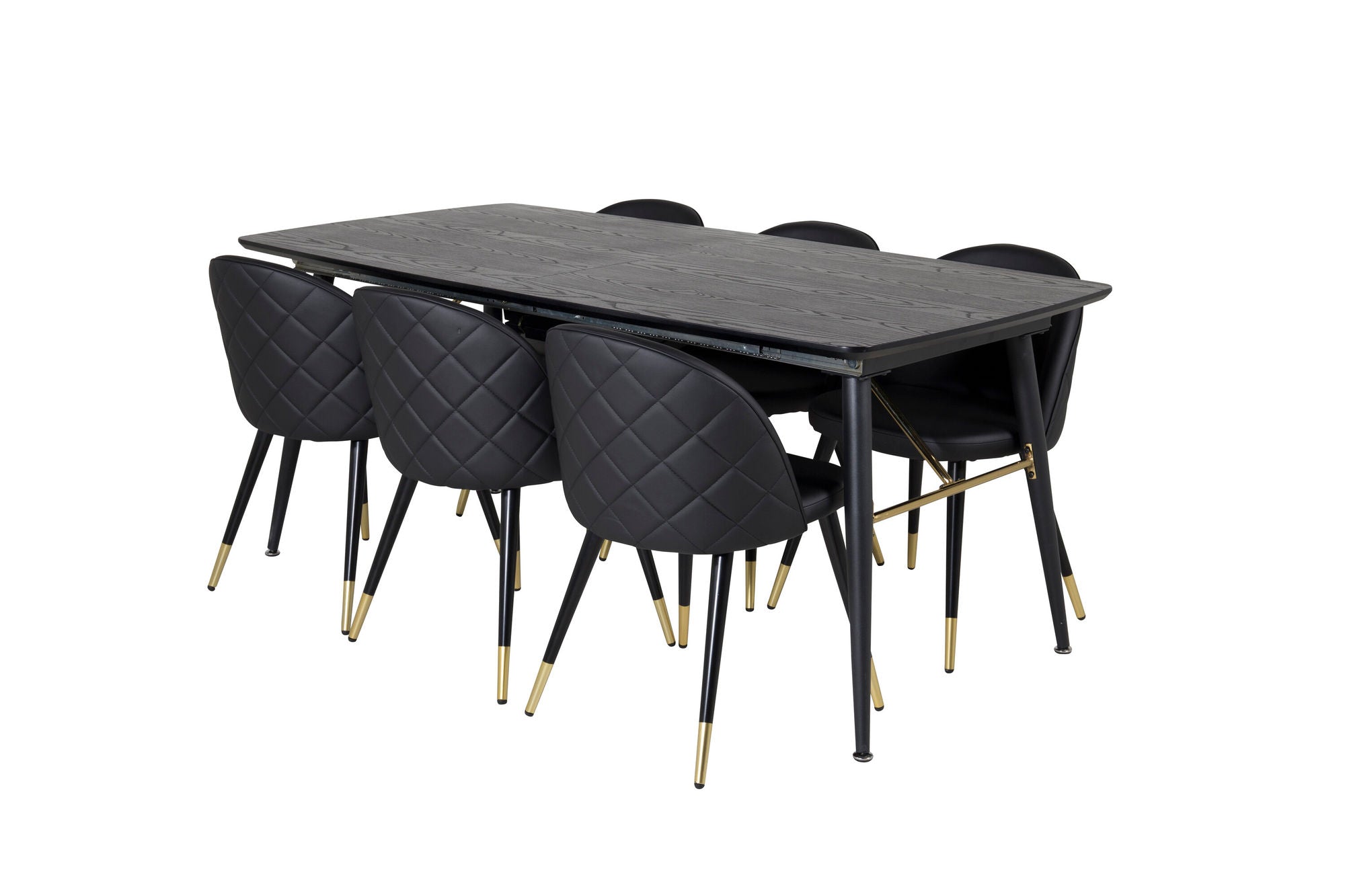 Venture Home Gold Extention bord - 180/220*85*H76 Black Veneer - Black legs - Brass details+Velvet Spisebordsstol w. Stiches - PU - Black / Black_6