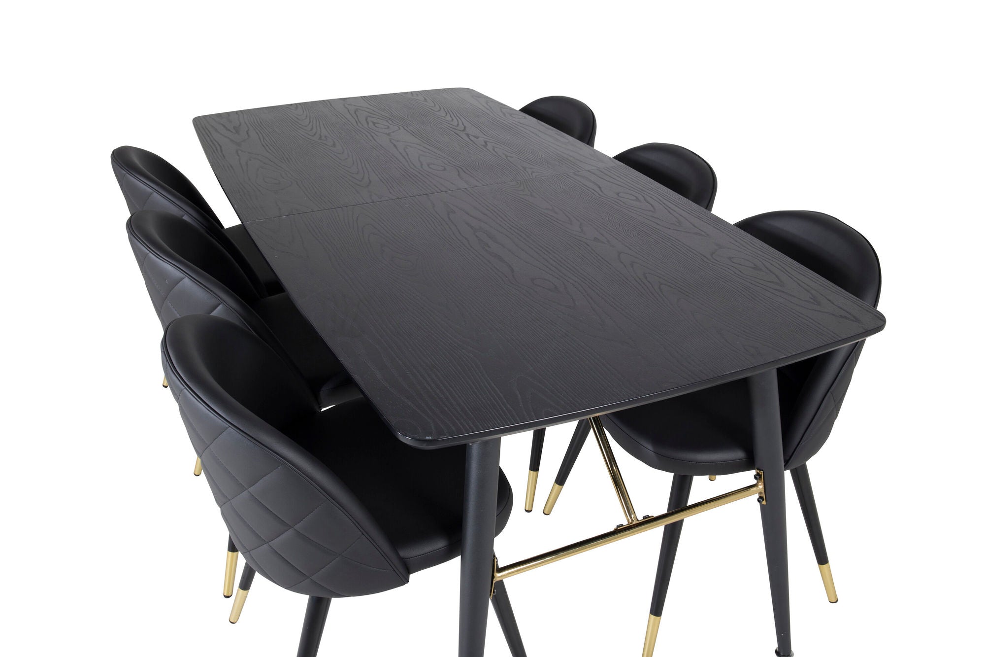 Venture Home Gold Extention bord - 180/220*85*H76 Black Veneer - Black legs - Brass details+Velvet Spisebordsstol w. Stiches - PU - Black / Black_6