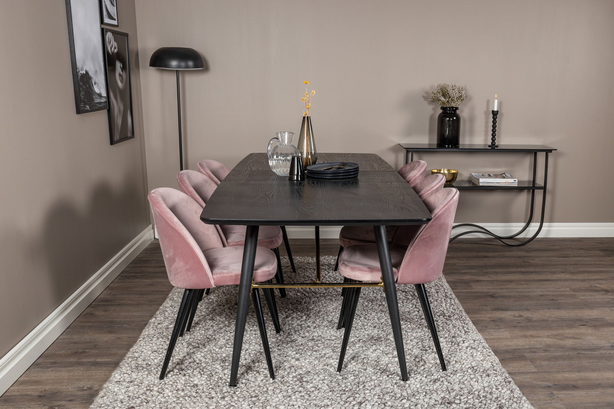 Venture Home Gold Extention bord - 180/220*85*H76 Black Veneer - Black legs - Brass details+Velvet Spisebordsstol - Pink / Black_6