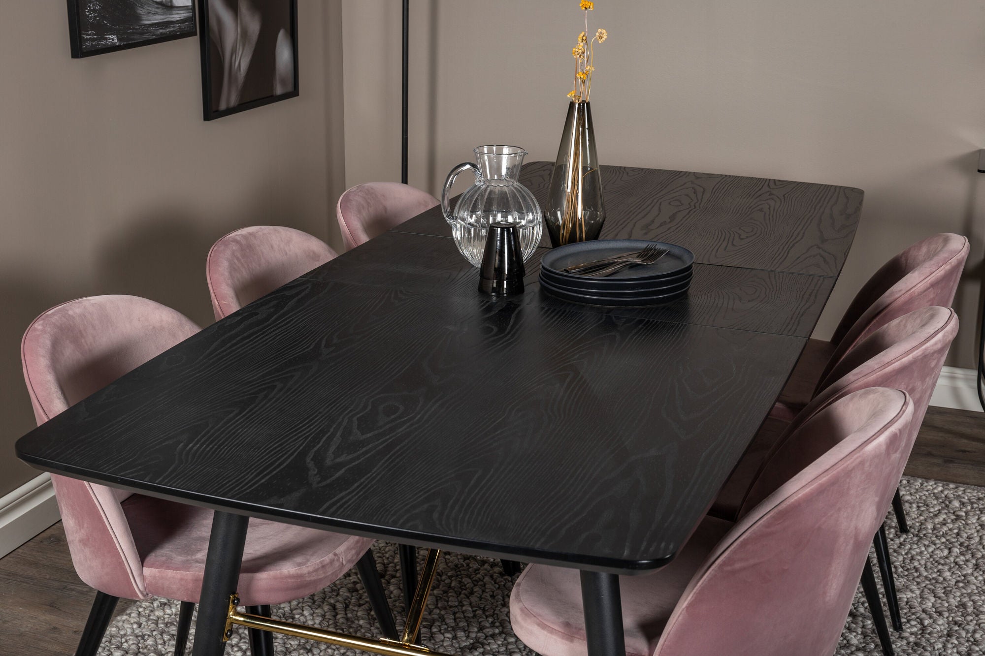 Venture Home Gold Extention bord - 180/220*85*H76 Black Veneer - Black legs - Brass details+Velvet Spisebordsstol - Pink / Black_6