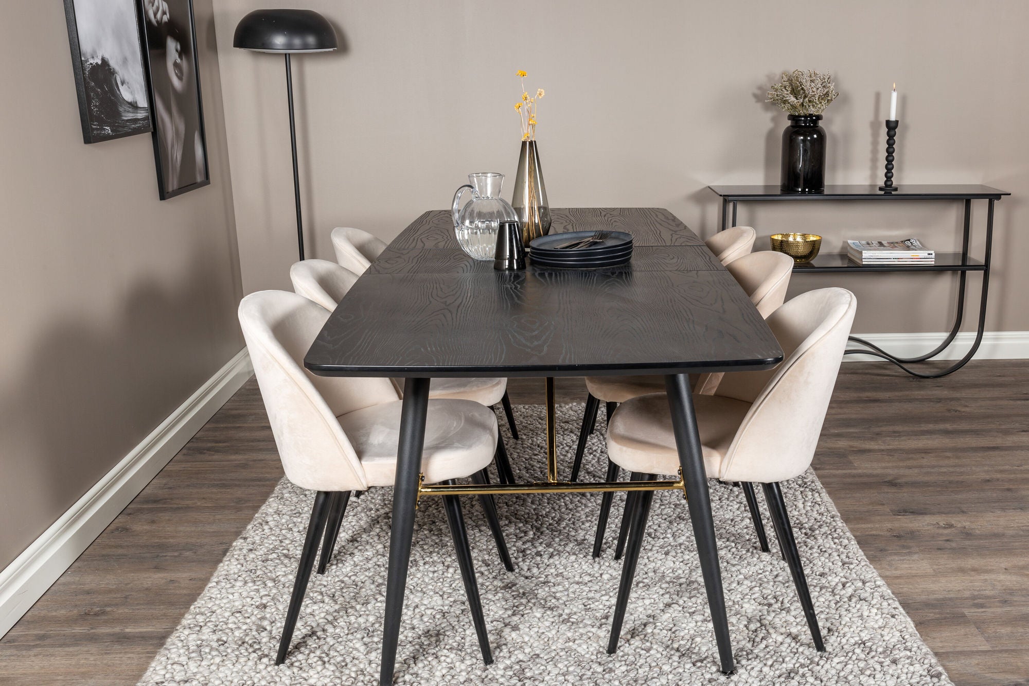 Venture Home Gold Extention bord - 180/220*85*H76 Black Veneer - Black legs - Brass details+Velvet Spisebordsstol - Beige / Black_6
